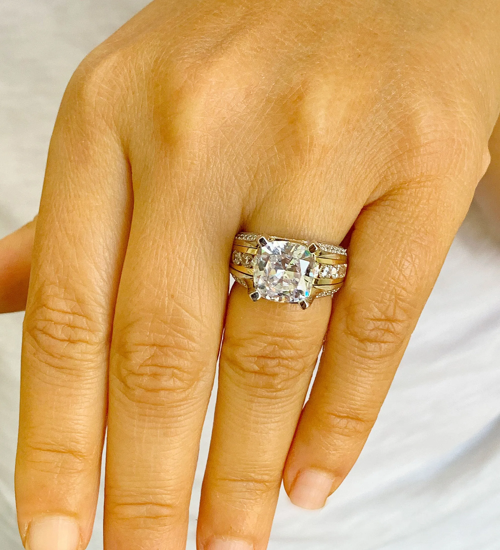 Huge 6.50 Carat Women's 14k solid white and yellow gold cushion cut moissanite and natural round cut diamond engagement ring