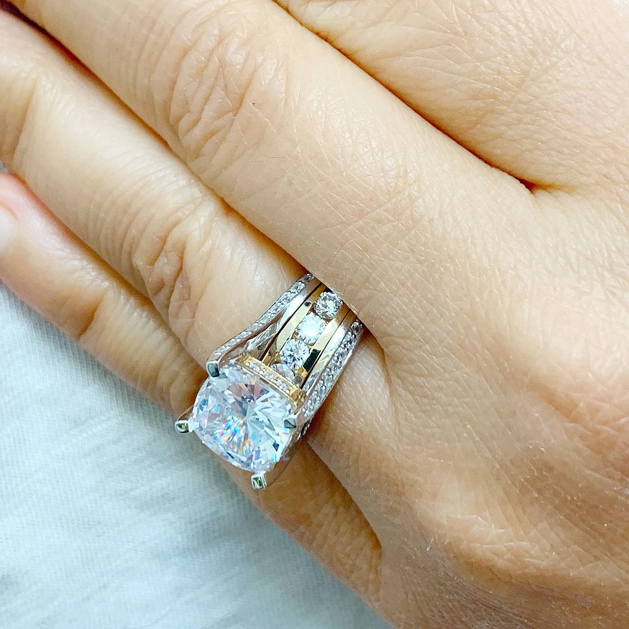 Huge 6.50 Carat Women's 14k solid white and yellow gold cushion cut moissanite and natural round cut diamond engagement ring