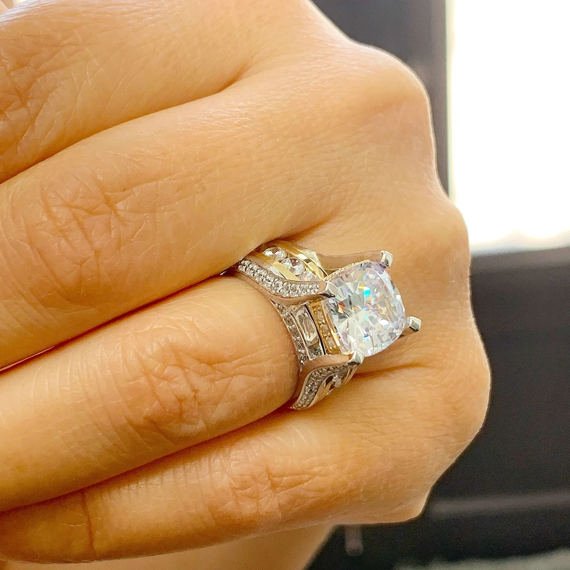 Huge 6.50 Carat Women's 14k solid white and yellow gold cushion cut moissanite and natural round cut diamond engagement ring