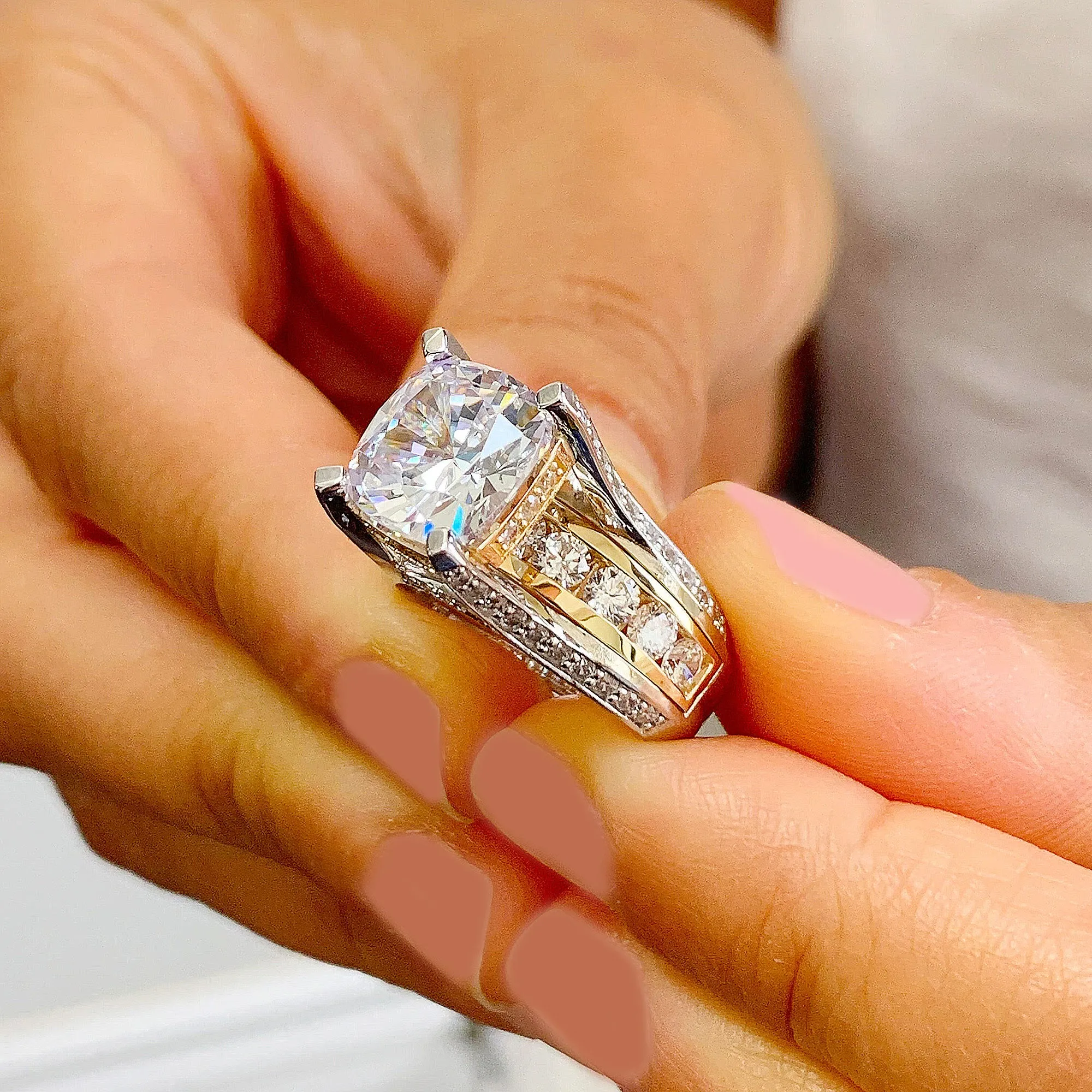 Huge 6.50 Carat Women's 14k solid white and yellow gold cushion cut moissanite and natural round cut diamond engagement ring