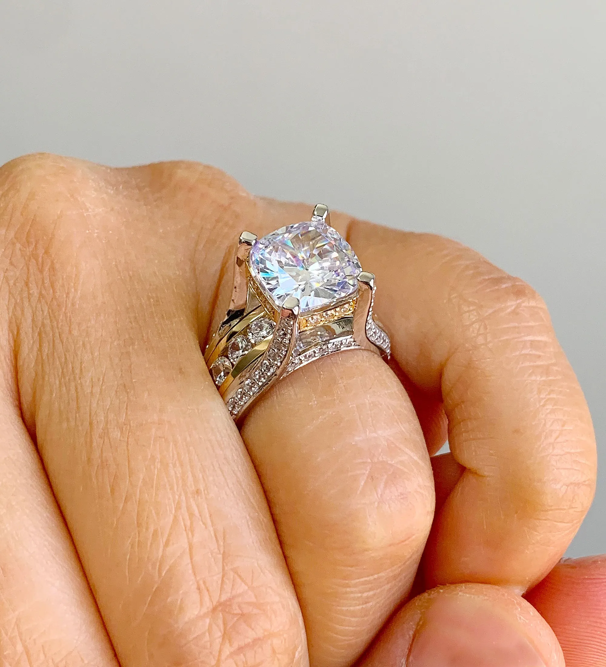 Huge 6.50 Carat Women's 14k solid white and yellow gold cushion cut moissanite and natural round cut diamond engagement ring