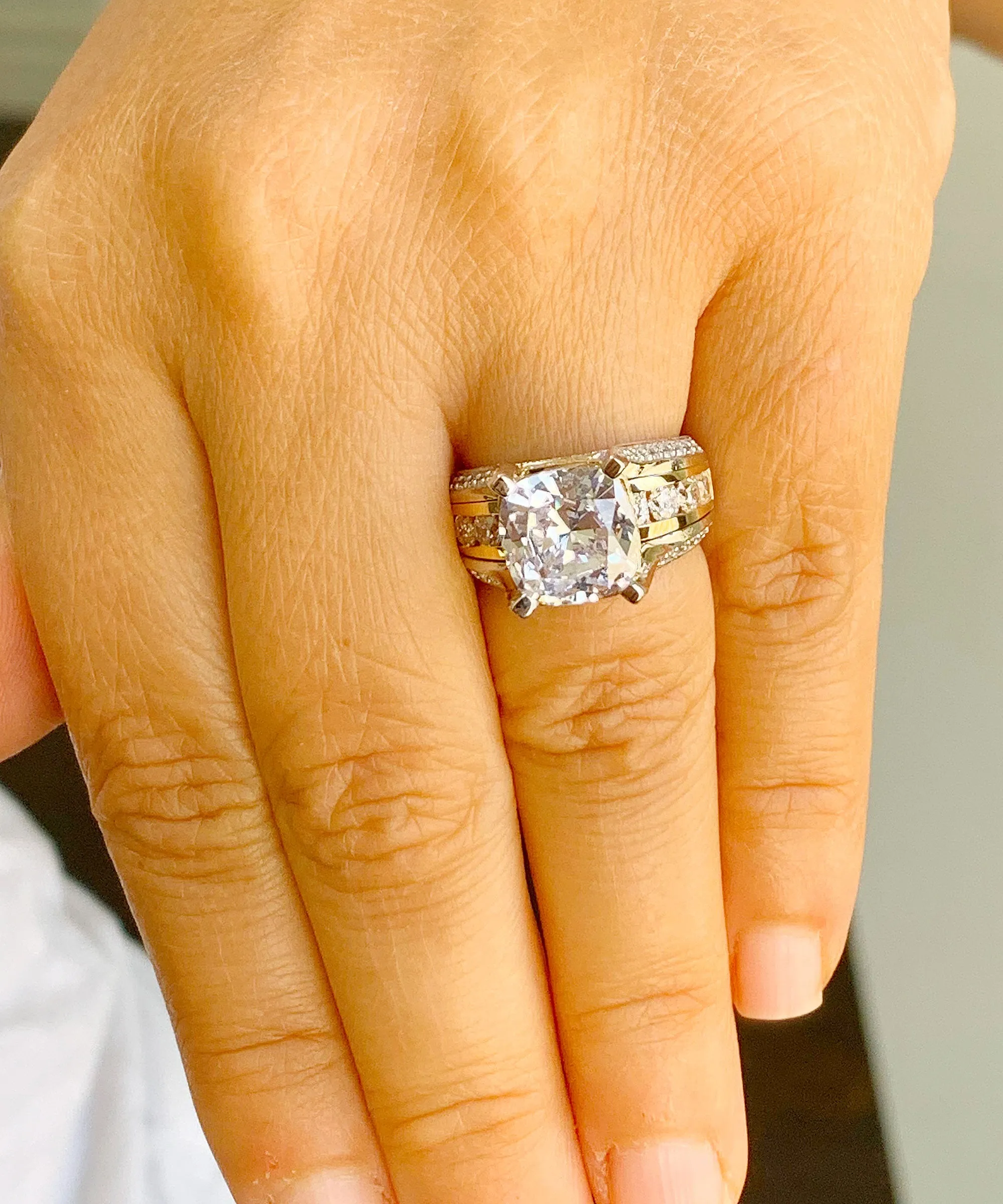 Huge 6.50 Carat Women's 14k solid white and yellow gold cushion cut moissanite and natural round cut diamond engagement ring
