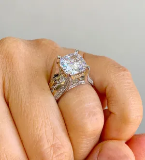 Huge 6.50 Carat Women's 14k solid white and yellow gold cushion cut moissanite and natural round cut diamond engagement ring