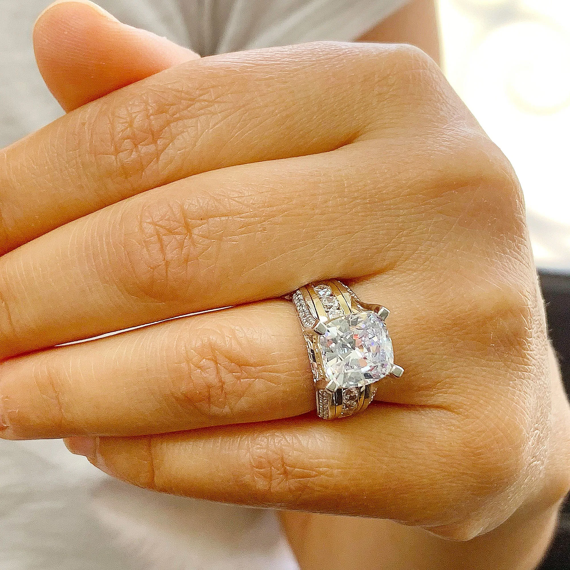 Huge 6.50 Carat Women's 14k solid white and yellow gold cushion cut moissanite and natural round cut diamond engagement ring