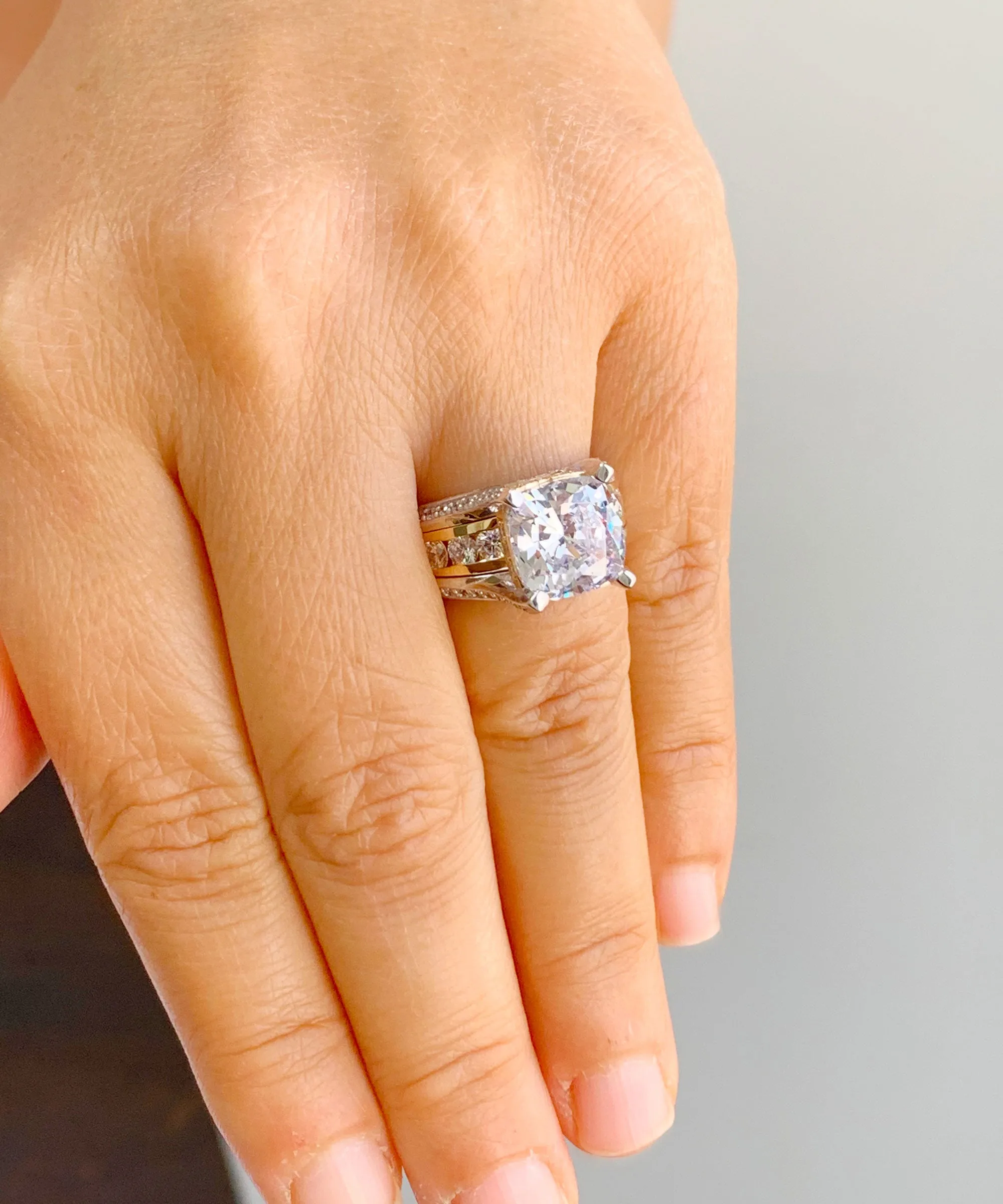 Huge 6.50 Carat Women's 14k solid white and yellow gold cushion cut moissanite and natural round cut diamond engagement ring