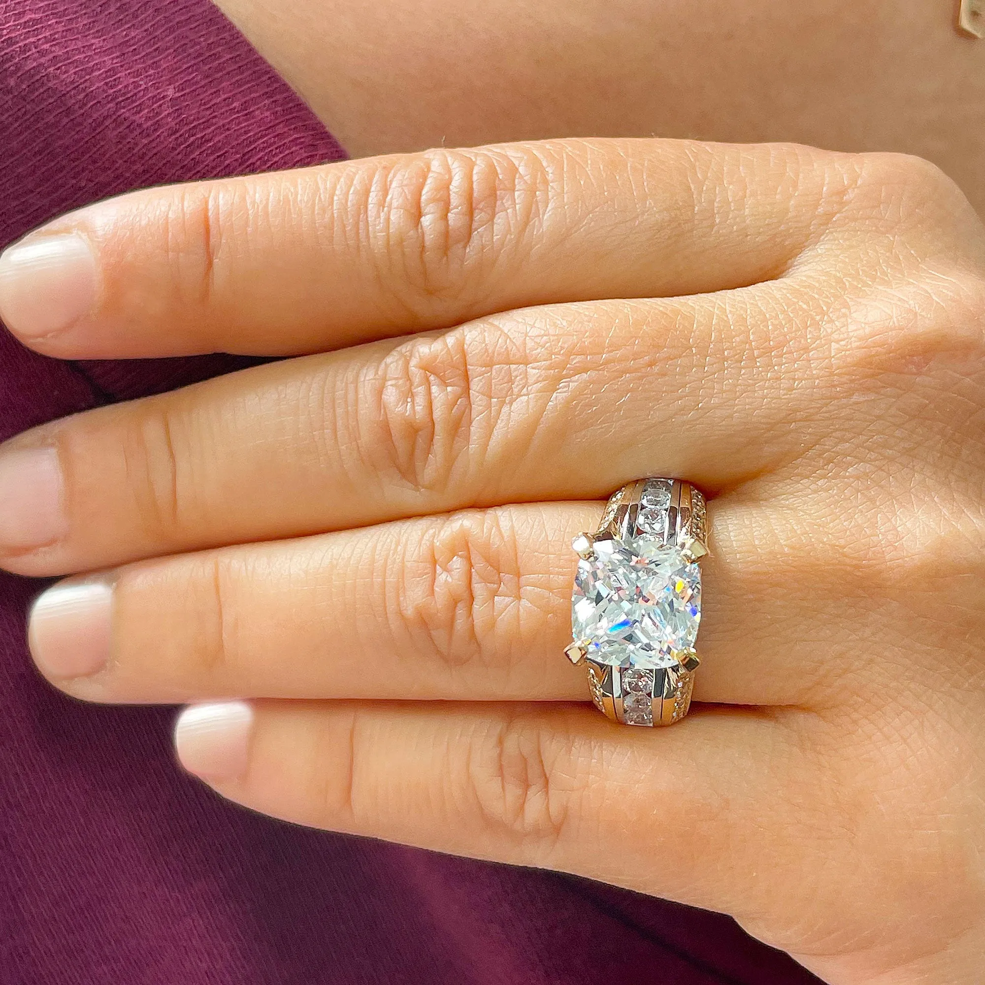 Huge 6.50ct Women's 14k Solid Yellow And White Gold Cushion Cut Forever One Moissanite And Natural Round Cut Diamond Engagement Ring Bridal
