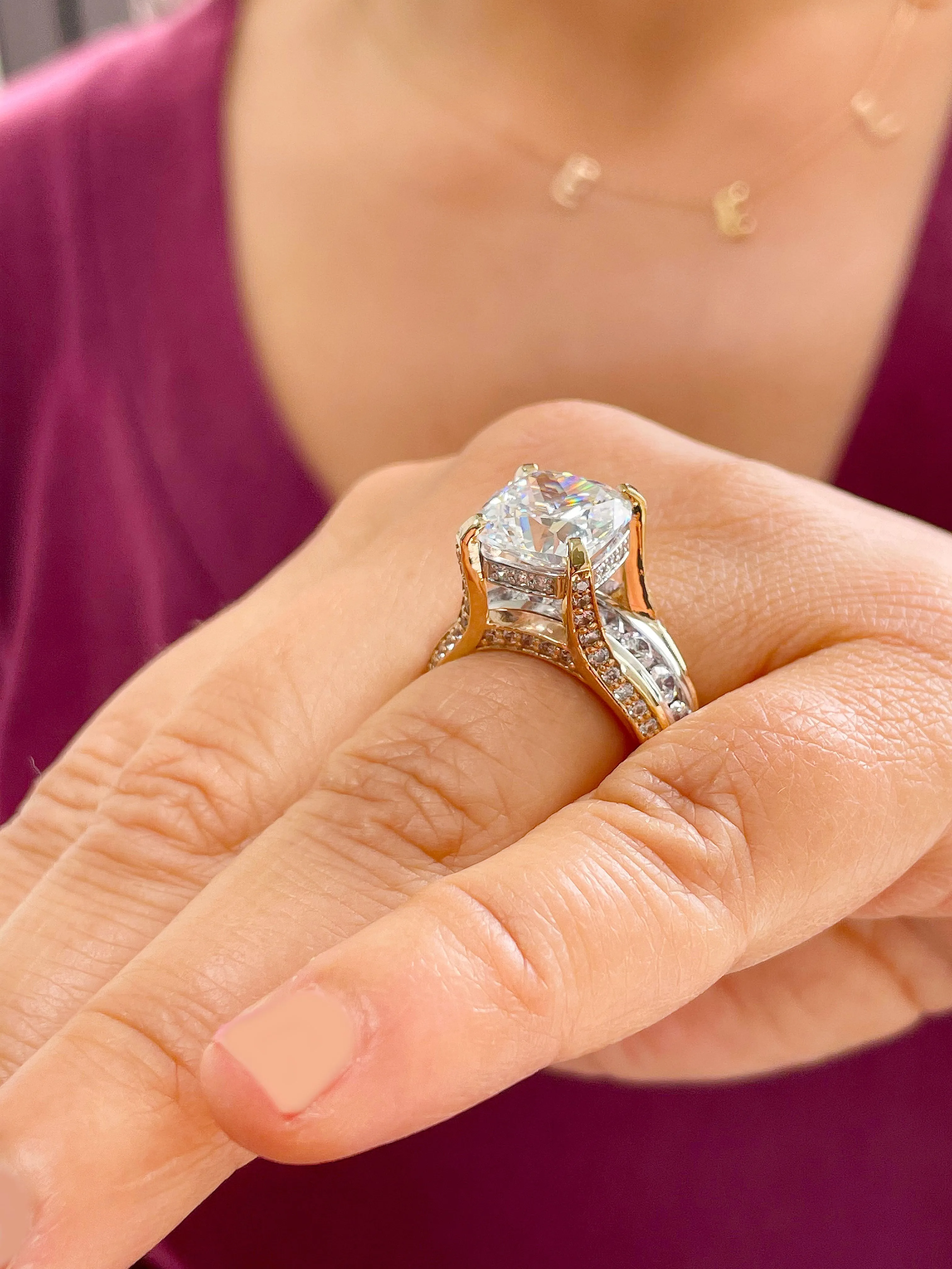 Huge 6.50ct Women's 14k Solid Yellow And White Gold Cushion Cut Forever One Moissanite And Natural Round Cut Diamond Engagement Ring Bridal