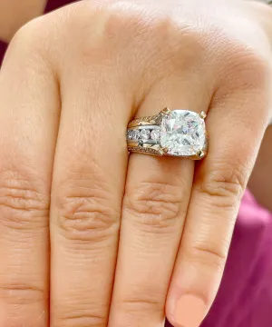 Huge 6.50ct Women's 14k Solid Yellow And White Gold Cushion Cut Forever One Moissanite And Natural Round Cut Diamond Engagement Ring Bridal