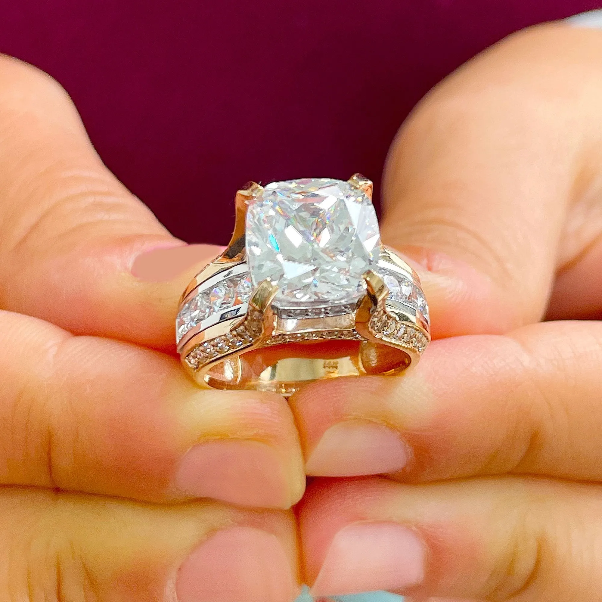 Huge 6.50ct Women's 14k Solid Yellow And White Gold Cushion Cut Moissanite And Natural Round Cut Diamond Engagement Ring Bridal