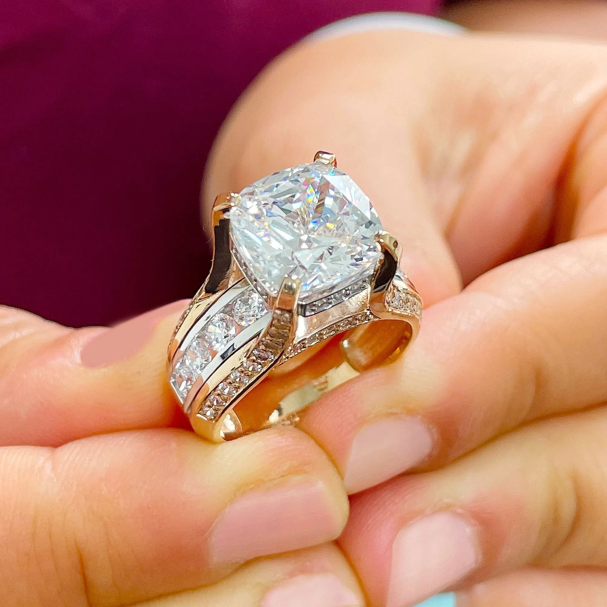 Huge 6.50ct Women's 14k Solid Yellow And White Gold Cushion Cut Moissanite And Natural Round Cut Diamond Engagement Ring Bridal