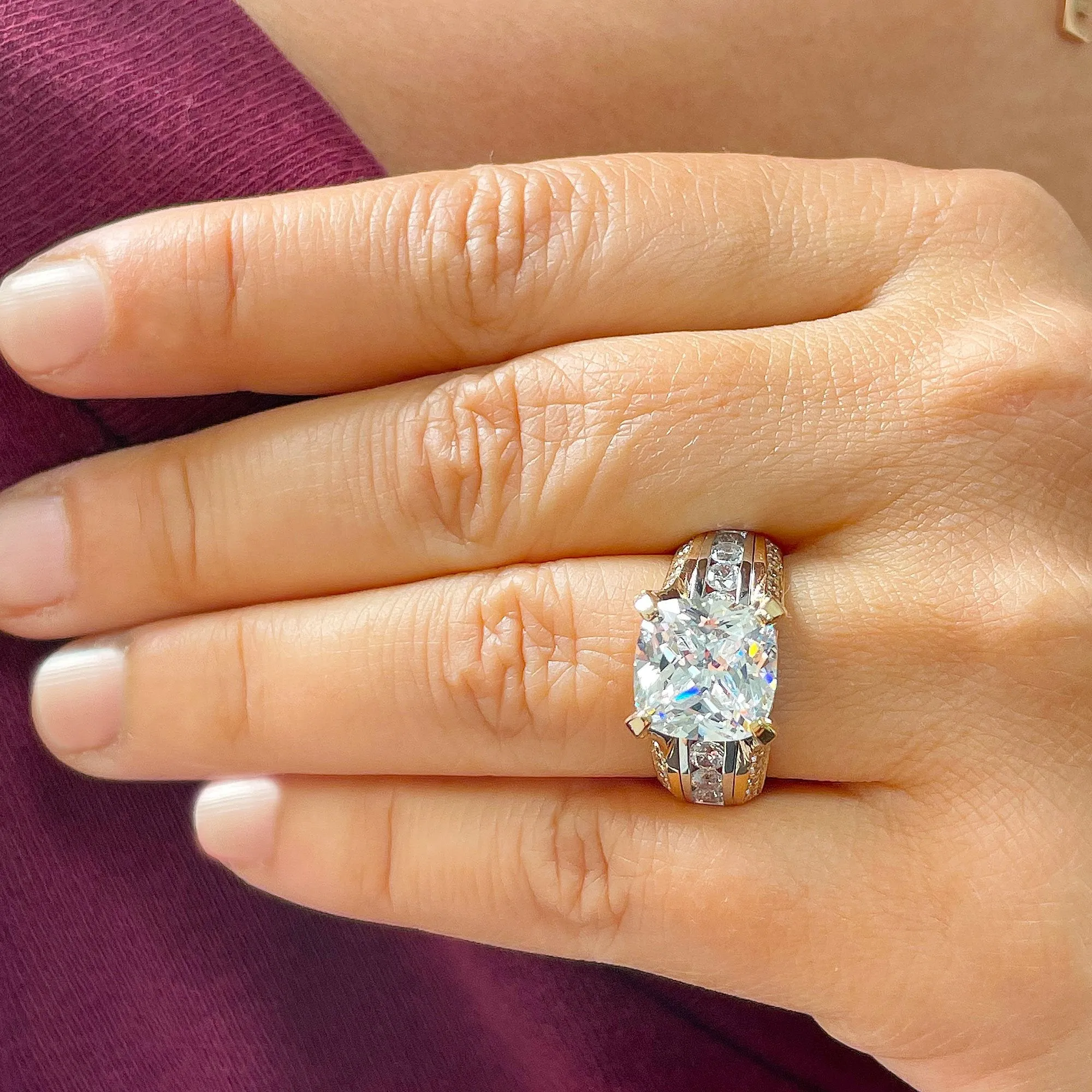 Huge 6.50ct Women's 14k Solid Yellow And White Gold Cushion Cut Moissanite And Natural Round Cut Diamond Engagement Ring Bridal
