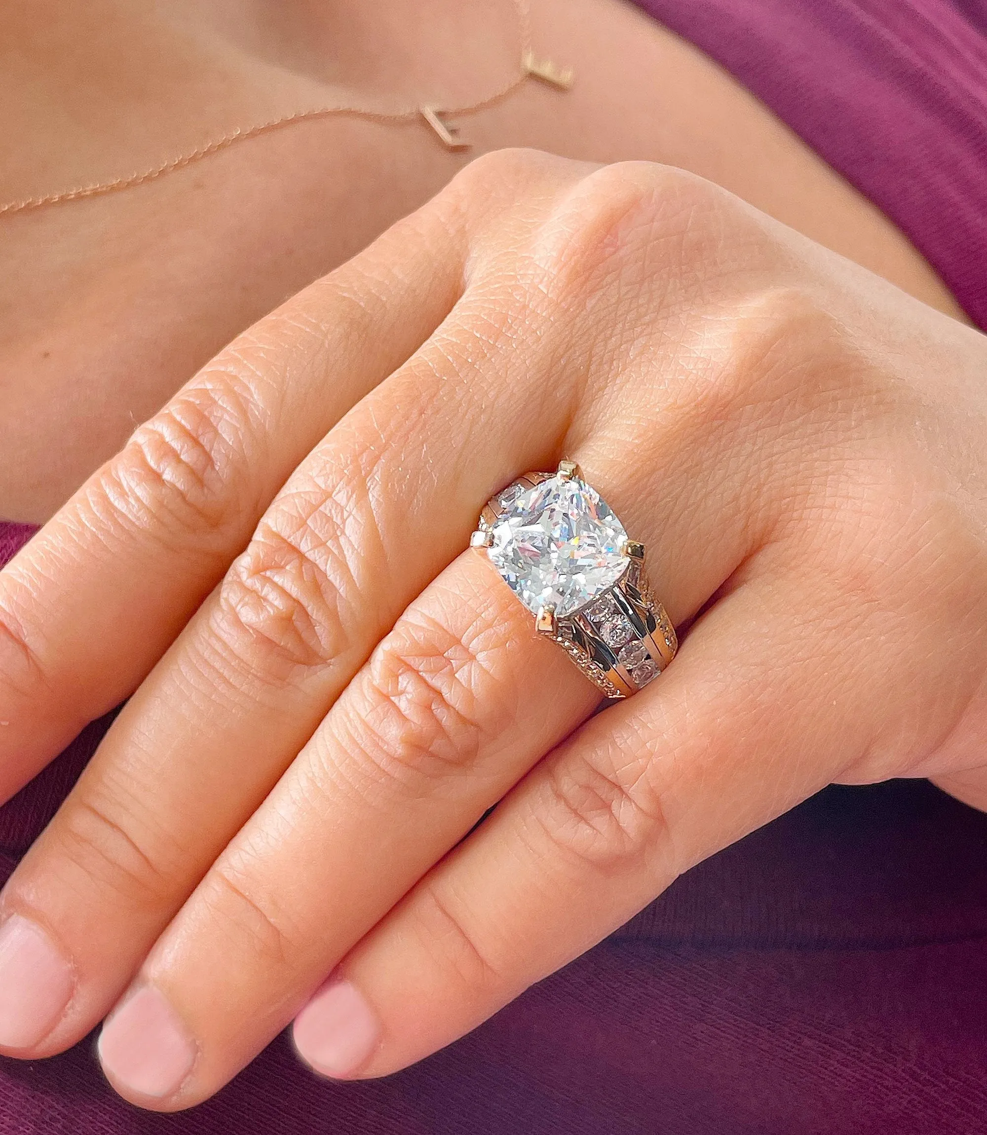 Huge 6.50ct Women's 14k Solid Yellow And White Gold Cushion Cut Moissanite And Natural Round Cut Diamond Engagement Ring Bridal