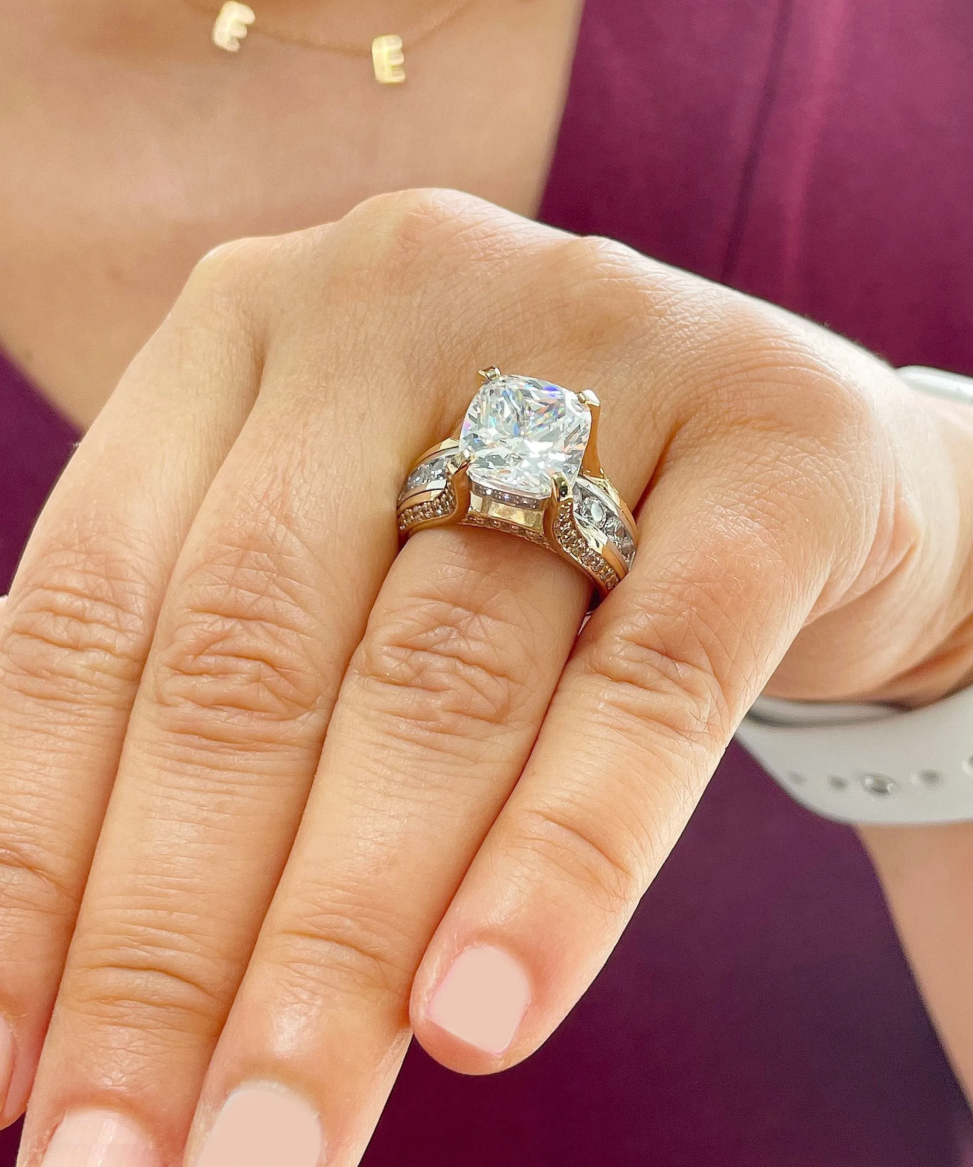 Huge 6.50ct Women's 14k Solid Yellow And White Gold Cushion Cut Moissanite And Natural Round Cut Diamond Engagement Ring Bridal