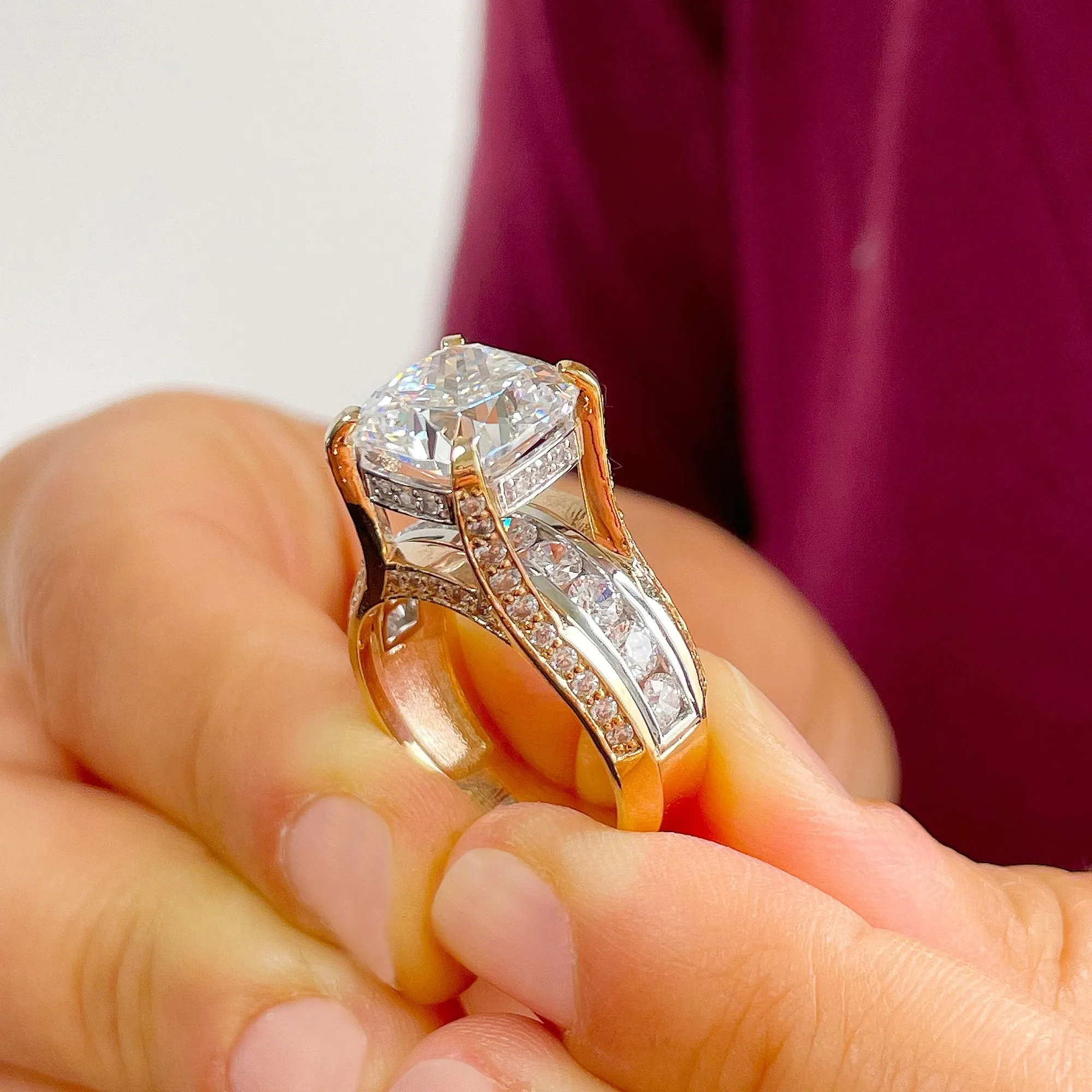 Huge 6.50ct Women's 14k Solid Yellow And White Gold Cushion Cut Moissanite And Natural Round Cut Diamond Engagement Ring Bridal