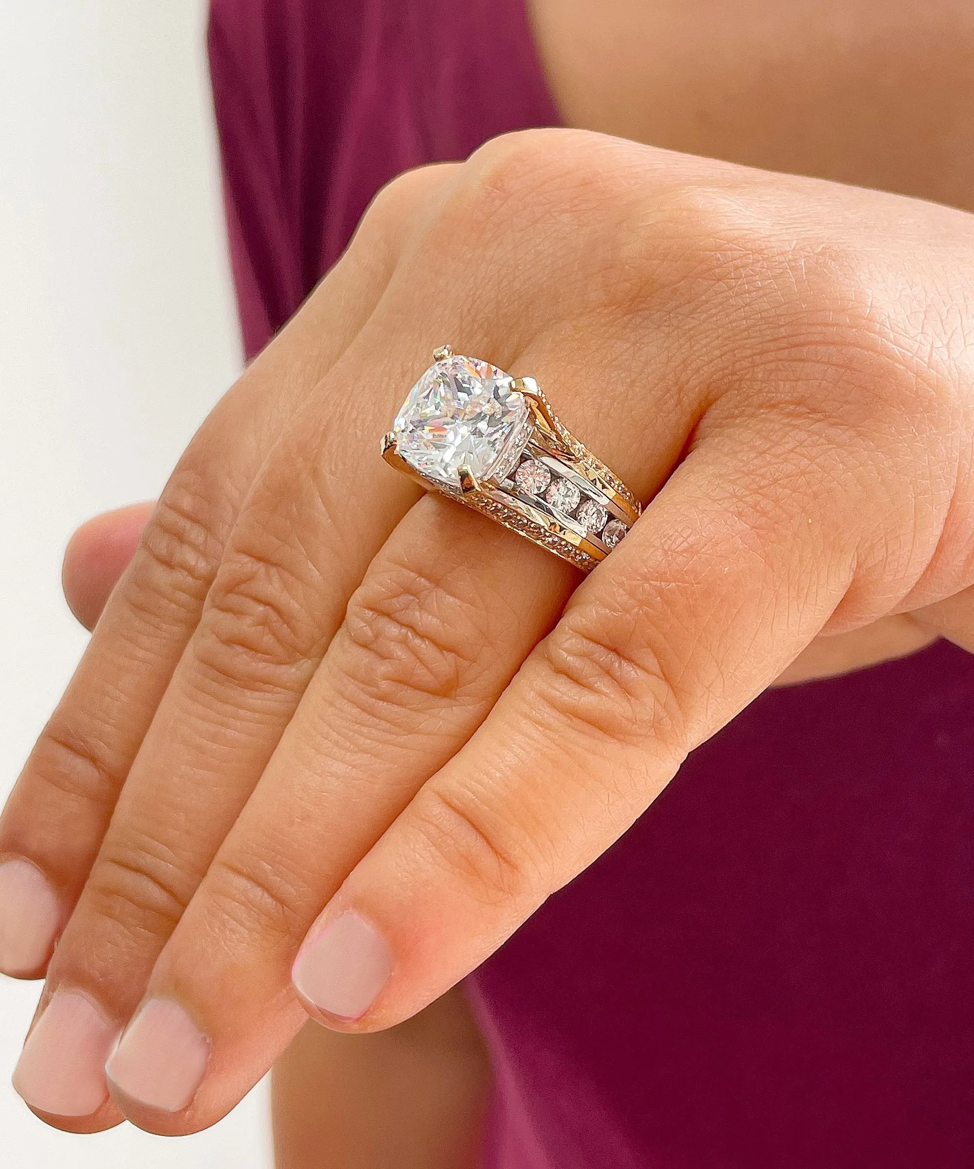 Huge 6.50ct Women's 14k Solid Yellow And White Gold Cushion Cut Moissanite And Natural Round Cut Diamond Engagement Ring Bridal