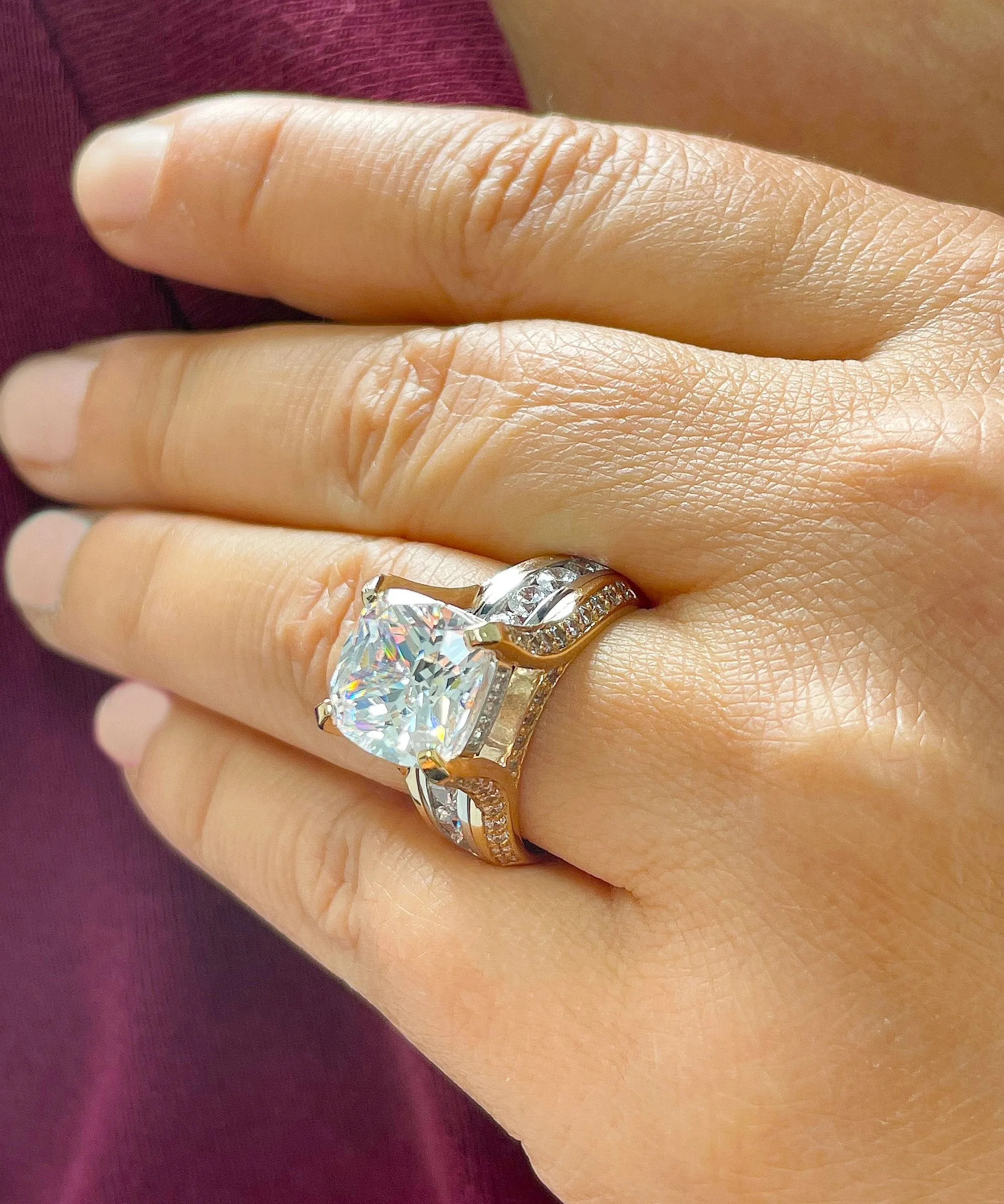 Huge 6.50ct Women's 14k Solid Yellow And White Gold Cushion Cut Moissanite And Natural Round Cut Diamond Engagement Ring Bridal
