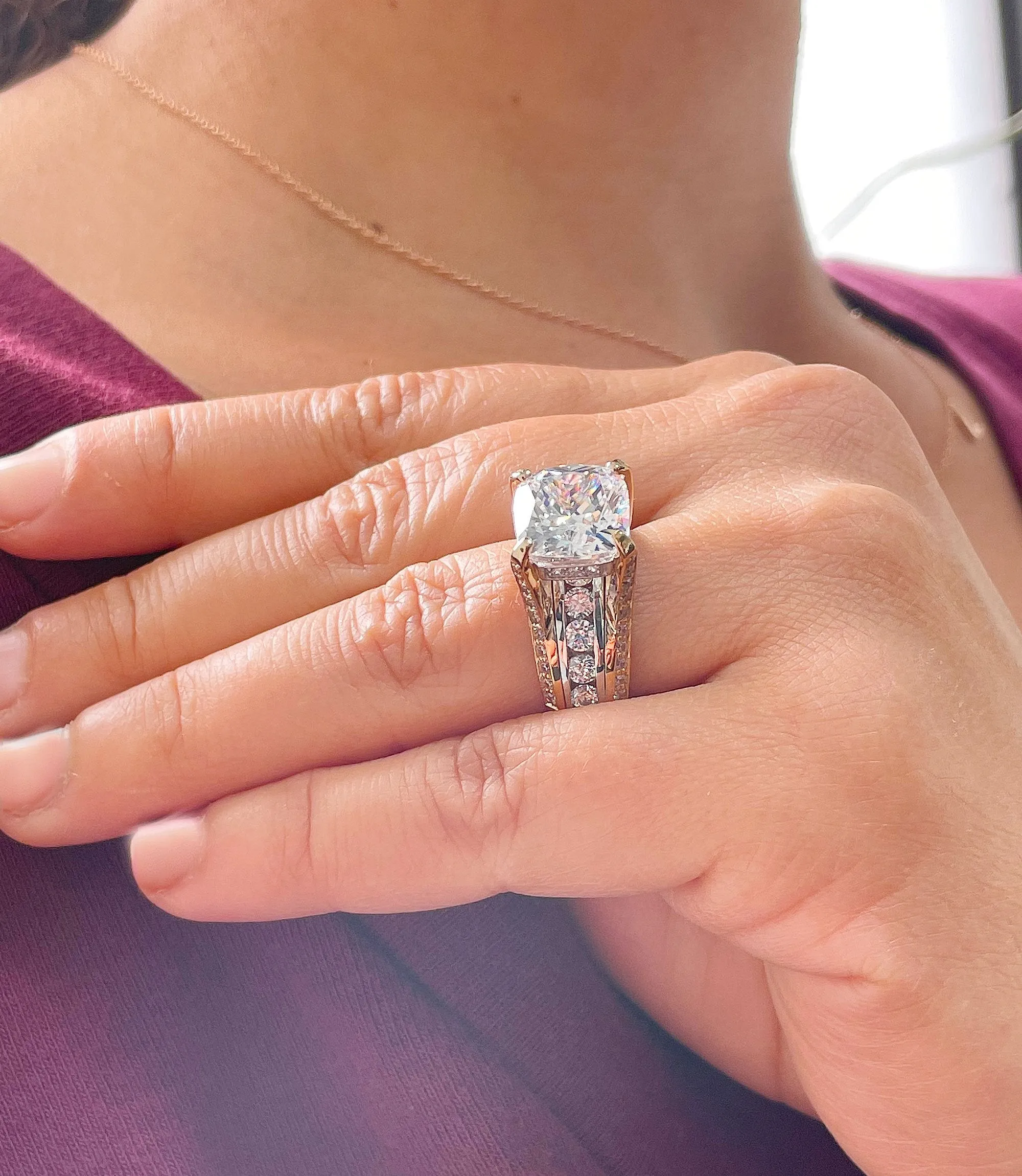 Huge 6.50ct Women's 14k Solid Yellow And White Gold Cushion Cut Moissanite And Natural Round Cut Diamond Engagement Ring Bridal