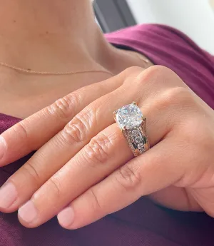 Huge 6.50ct Women's 14k Solid Yellow And White Gold Cushion Cut Moissanite And Natural Round Cut Diamond Engagement Ring Bridal