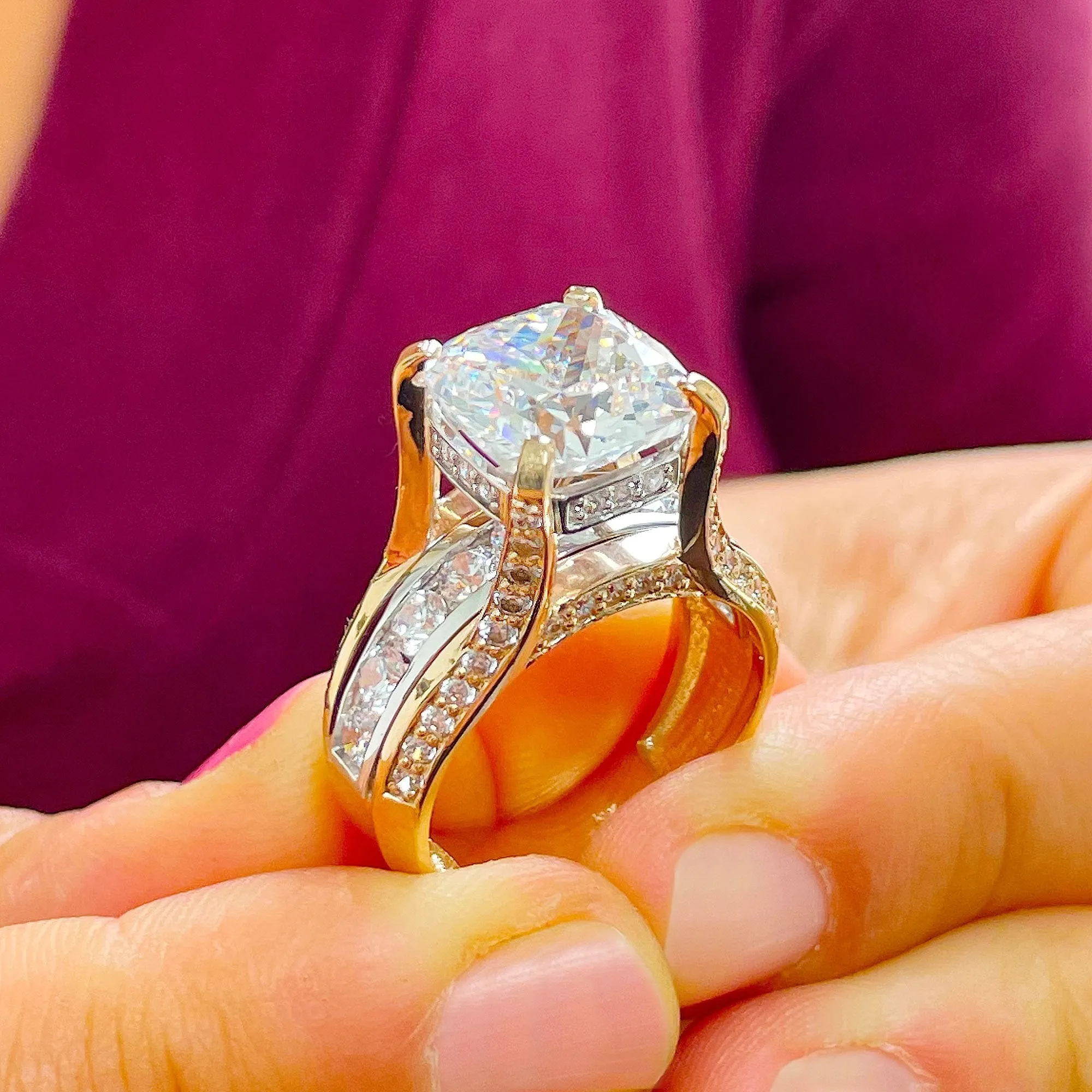 Huge 6.50ct Women's 14k Solid Yellow And White Gold Cushion Cut Moissanite And Natural Round Cut Diamond Engagement Ring Bridal
