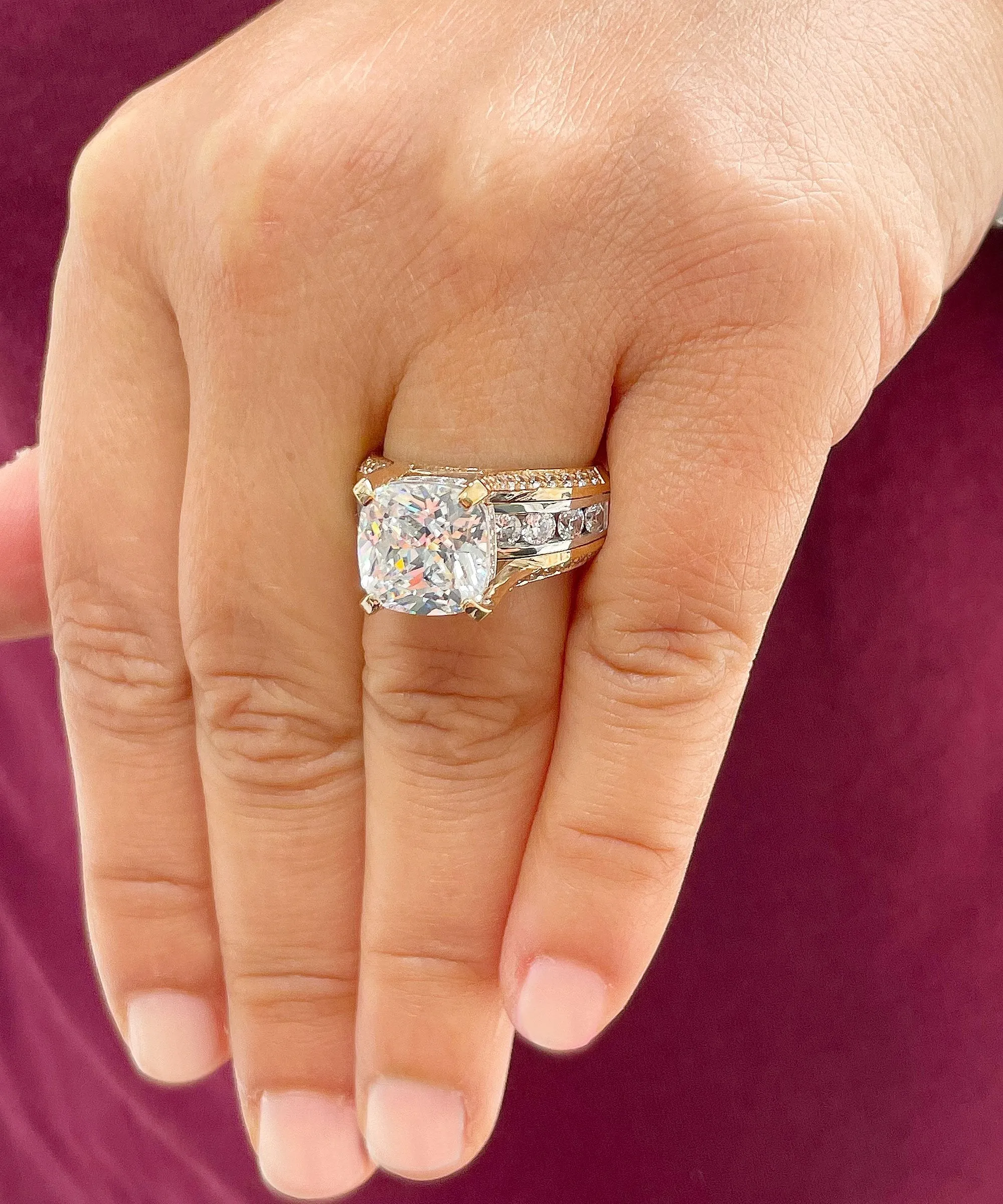 Huge 6.50ct Women's 14k Solid Yellow And White Gold Cushion Cut Moissanite And Natural Round Cut Diamond Engagement Ring Bridal