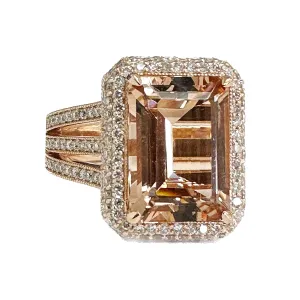 Huge 8.40 Carat Women's 14k solid rose gold emerald cut morganite and natural round cut diamond engagement ring Bridal Wedding