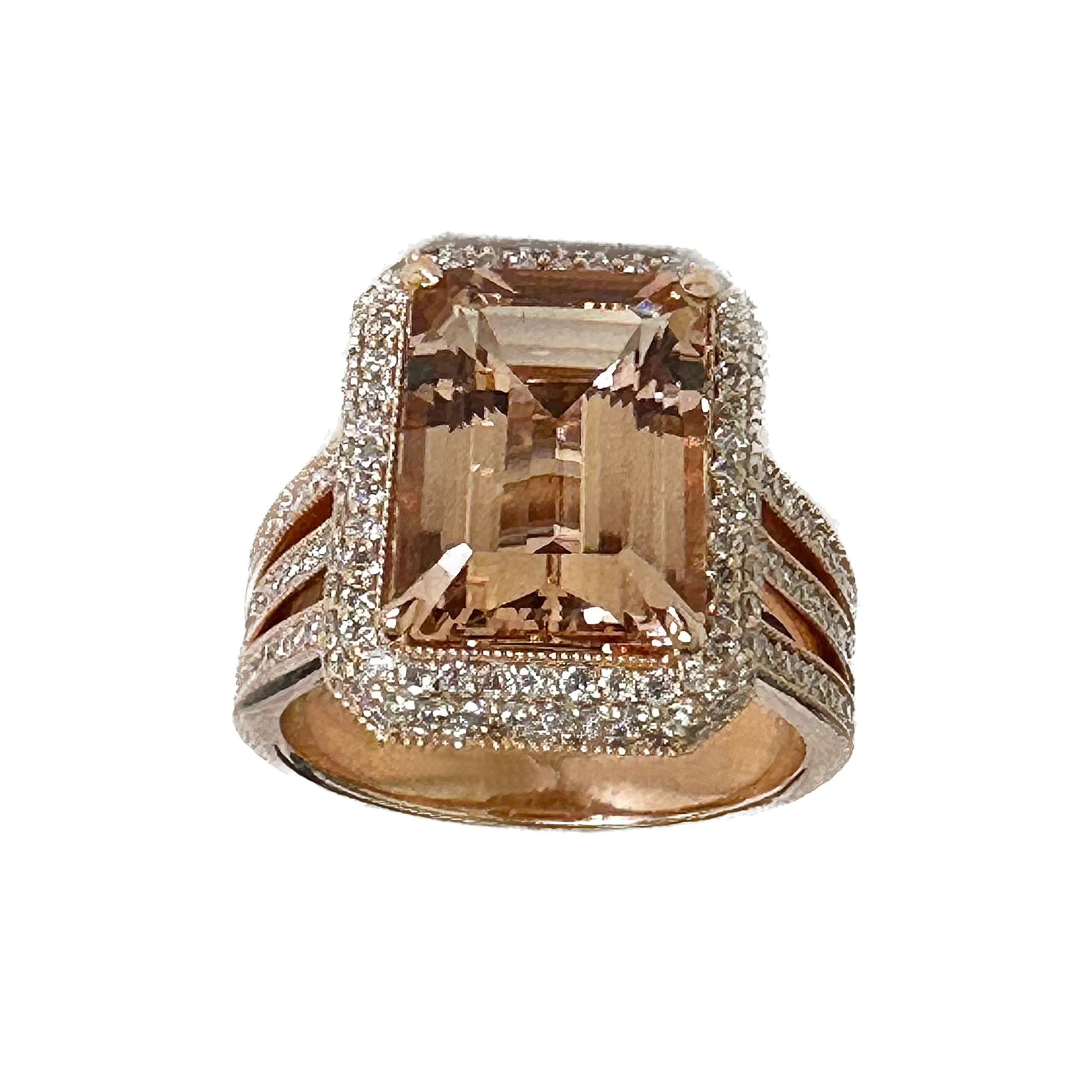 Huge 8.40 Carat Women's 14k solid rose gold emerald cut morganite and natural round cut diamond engagement ring Bridal Wedding