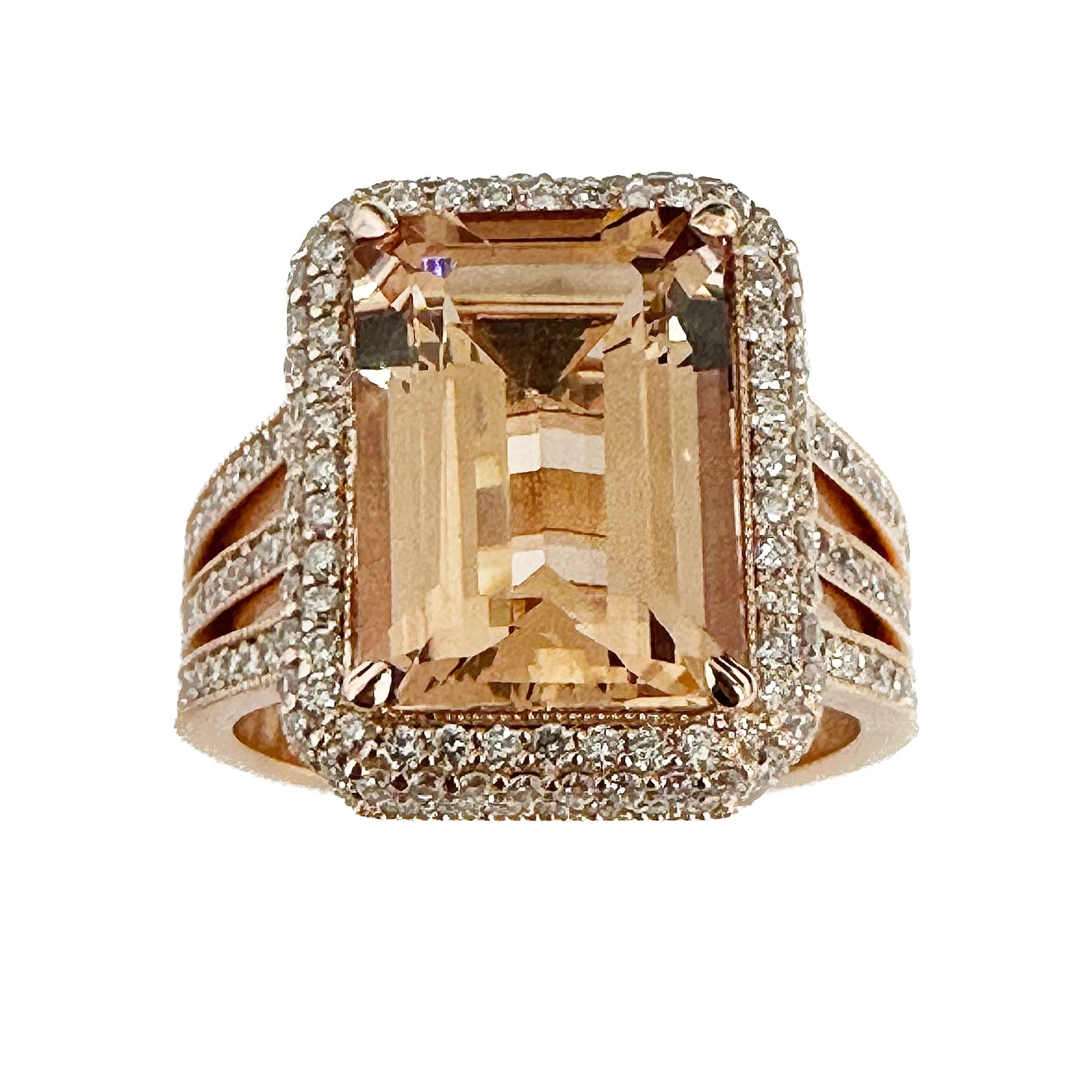 Huge 8.40 Carat Women's 14k solid rose gold emerald cut morganite and natural round cut diamond engagement ring Bridal Wedding