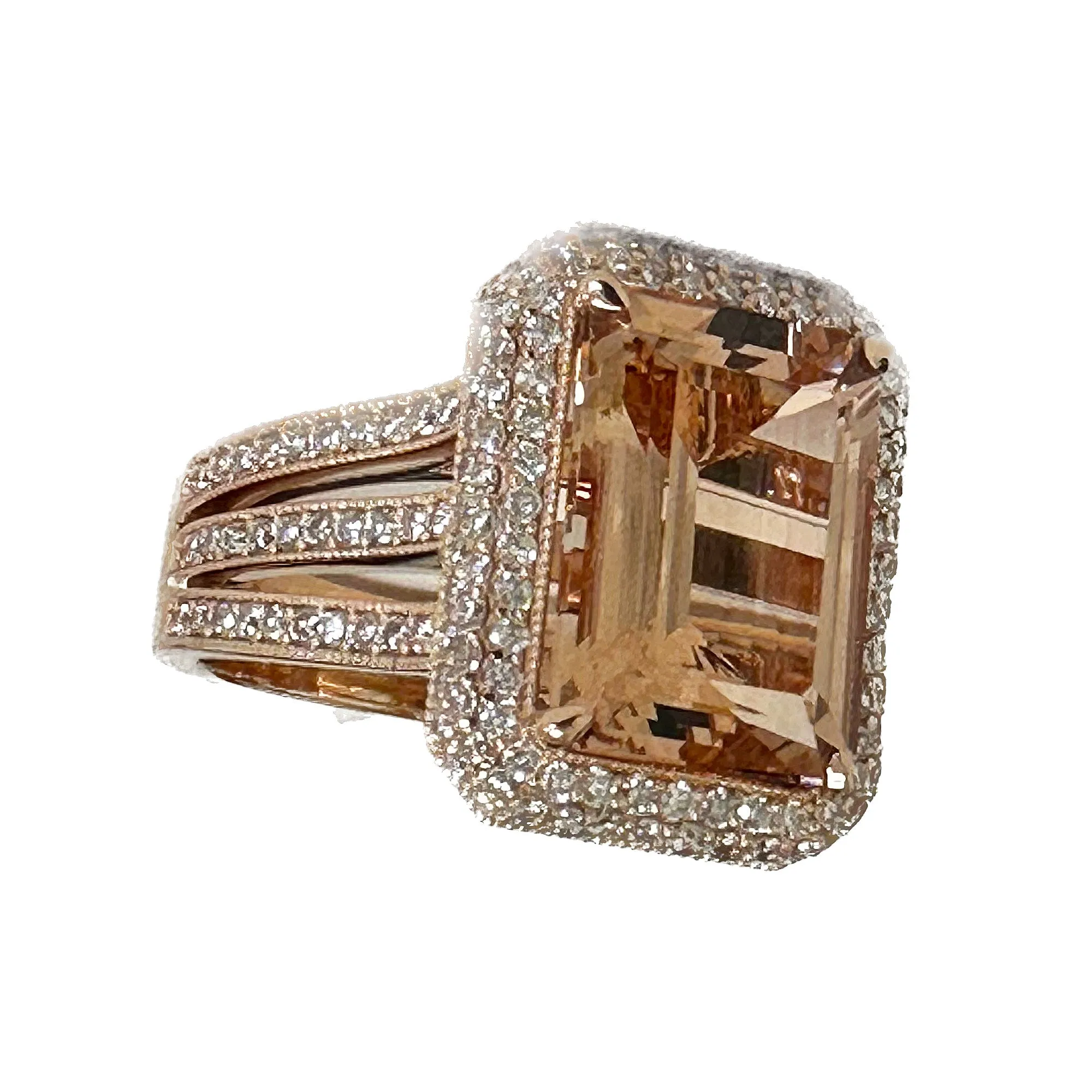 Huge 8.40 Carat Women's 14k solid rose gold emerald cut morganite and natural round cut diamond engagement ring Bridal Wedding