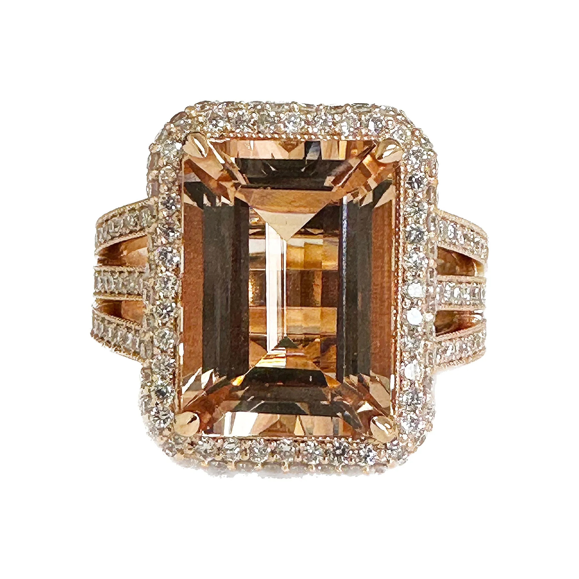 Huge 8.40 Carat Women's 14k solid rose gold emerald cut morganite and natural round cut diamond engagement ring Bridal Wedding