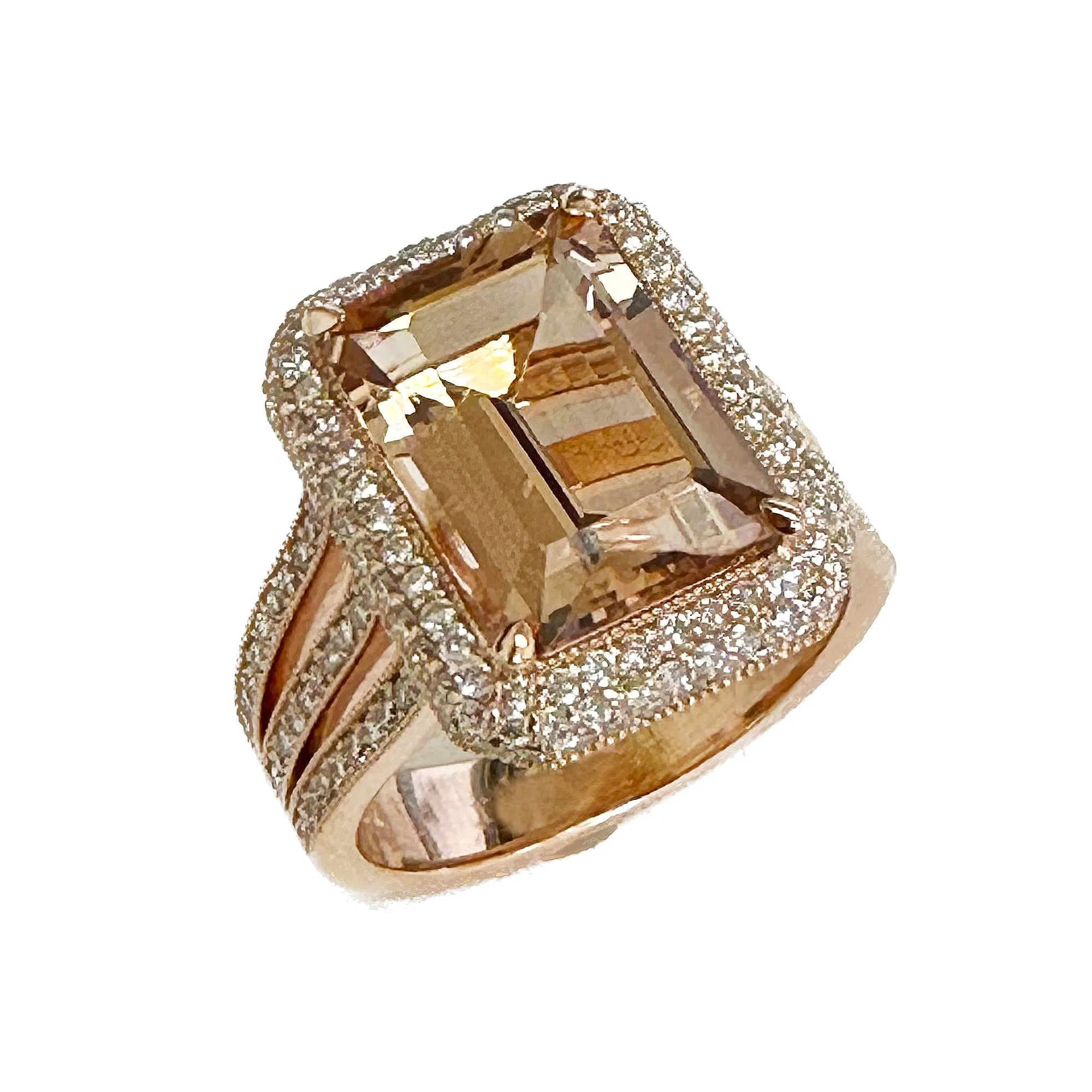Huge 8.40 Carat Women's 14k solid rose gold emerald cut morganite and natural round cut diamond engagement ring Bridal Wedding