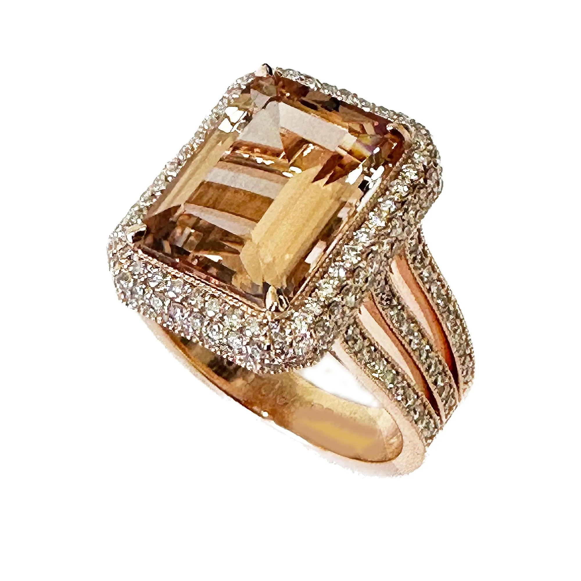 Huge 8.40 Carat Women's 14k solid rose gold emerald cut morganite and natural round cut diamond engagement ring Bridal Wedding