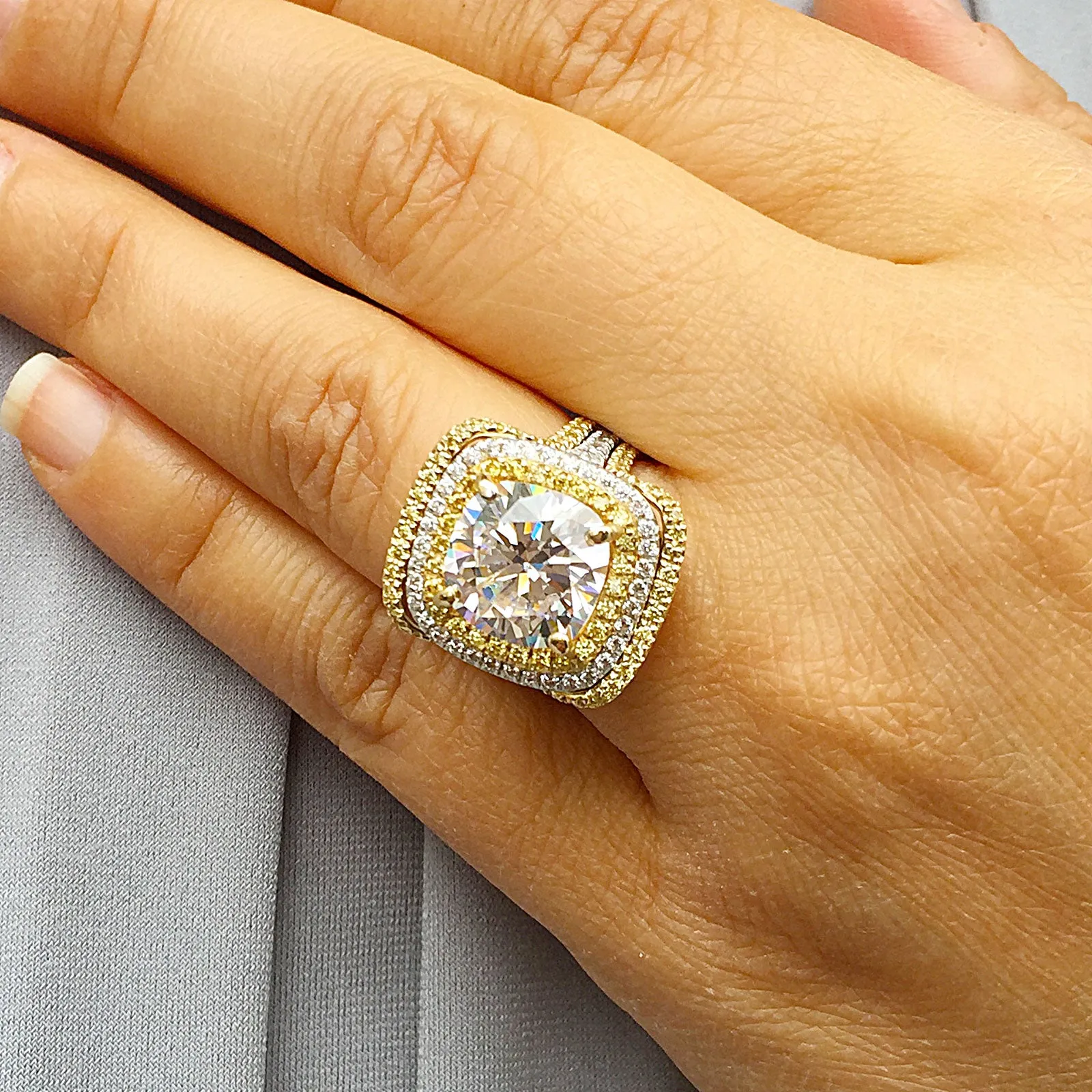 Huge Women's 14k solid white gold cushion cut forever one moissanite and natural diamond engagement ring and Band Bridal Wedding Halo 7.10ct