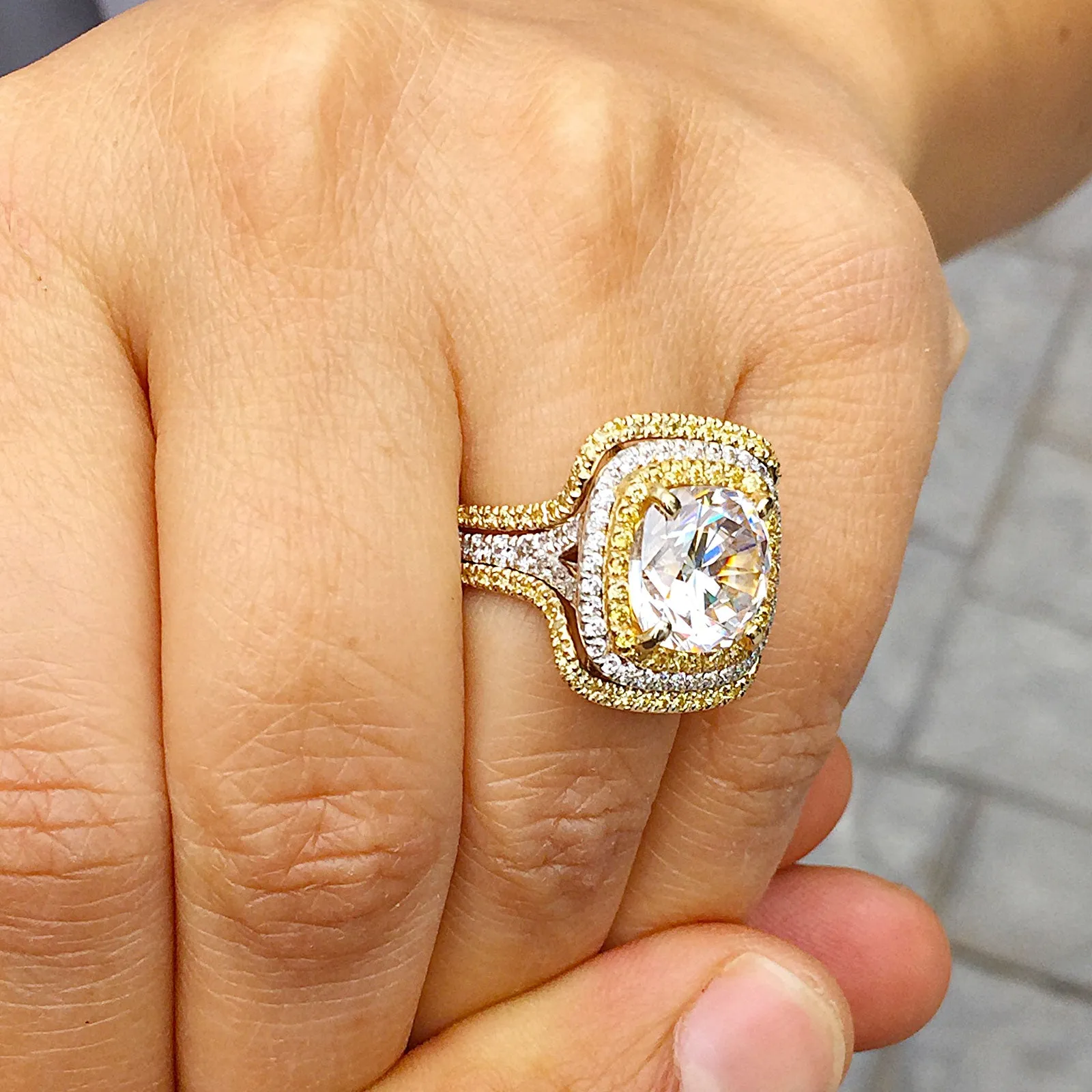 Huge Women's 14k solid white gold cushion cut forever one moissanite and natural diamond engagement ring and Band Bridal Wedding Halo 7.10ct