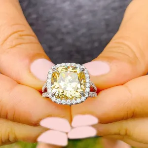Huge Women's 14k solid white gold Fancy Yellow Cushion simulated and round cut natural diamond engagement ring Halo 4.70ct