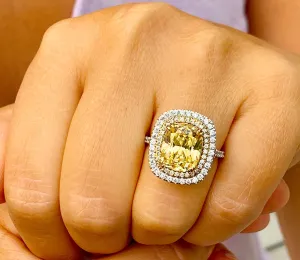 Huge Women's 14k solid white gold Fancy Yellow Cushion simulated and round cut natural diamond engagement ring Halo 5.70ct