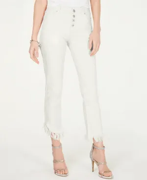 INC International Concepts Women's Fringe-Hem Button Straight-Leg Jeans White 10