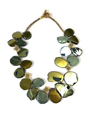Iridescent Green, Blue & Gold Flat Pyrite Stone Necklace
