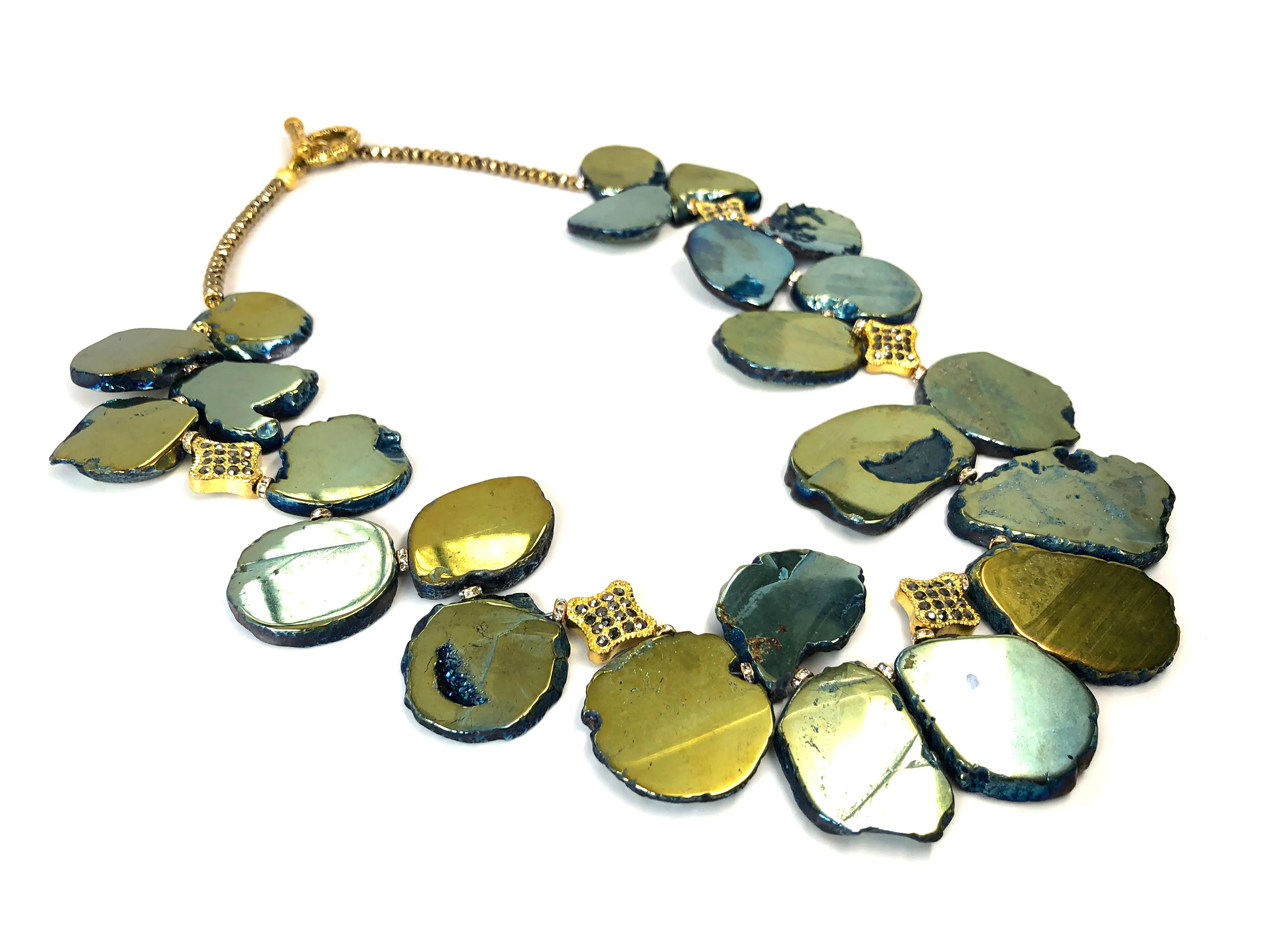 Iridescent Green, Blue & Gold Flat Pyrite Stone Necklace