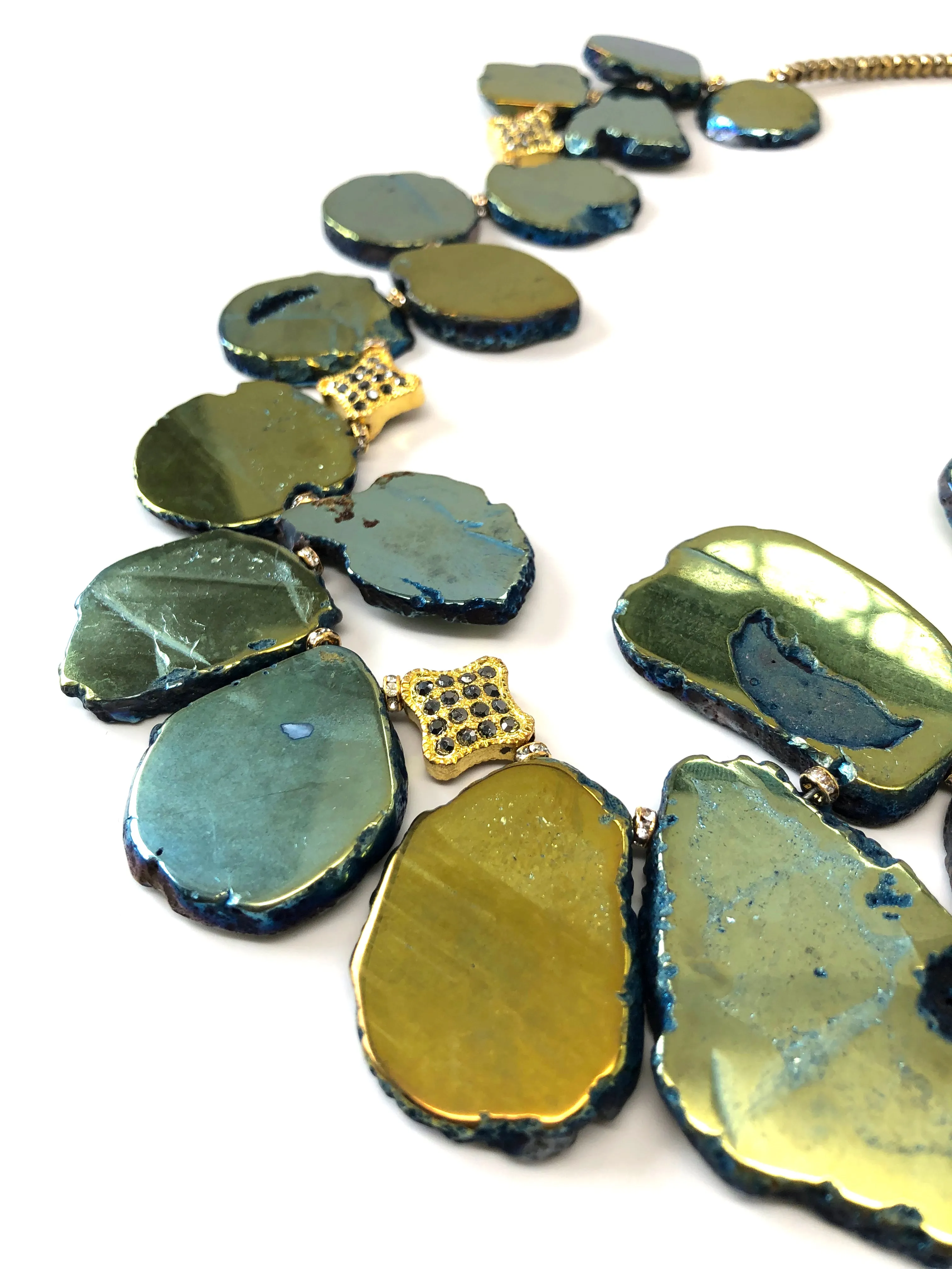 Iridescent Green, Blue & Gold Flat Pyrite Stone Necklace