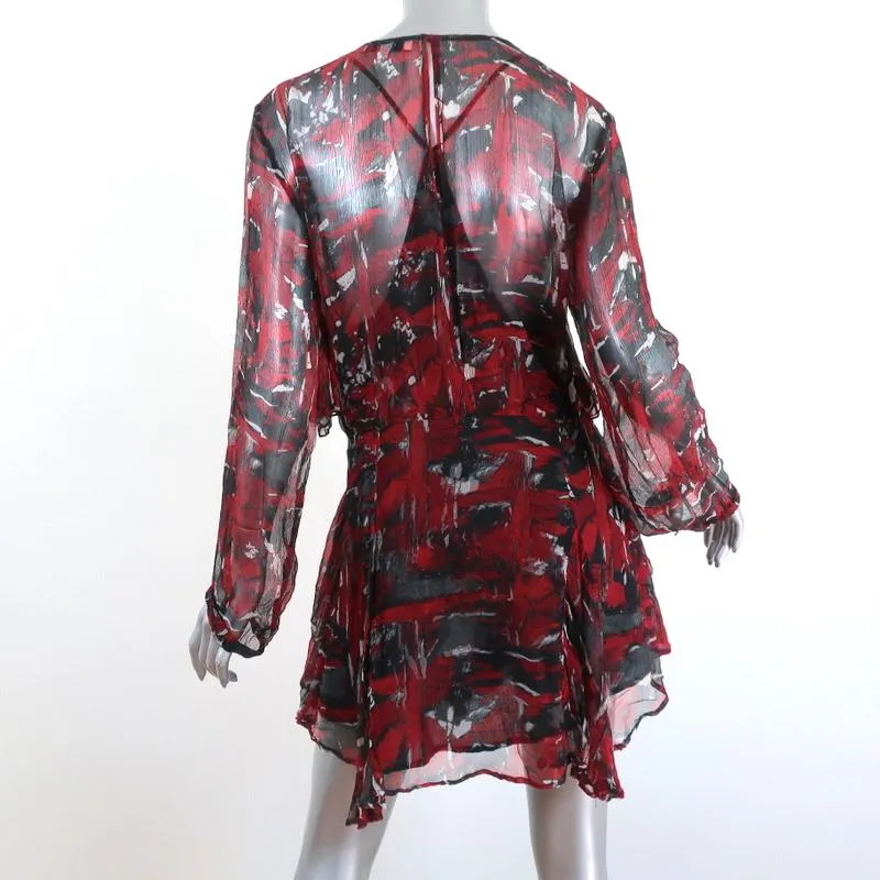 IRO Mini Dress Ressey Red/Black Ruffled Printed Chiffon Size 34 Long Sleeve