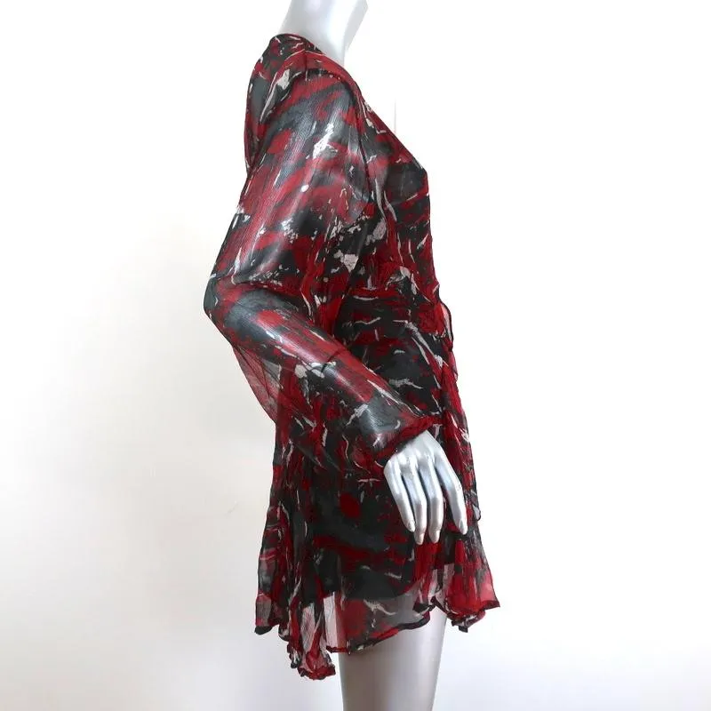 IRO Mini Dress Ressey Red/Black Ruffled Printed Chiffon Size 34 Long Sleeve