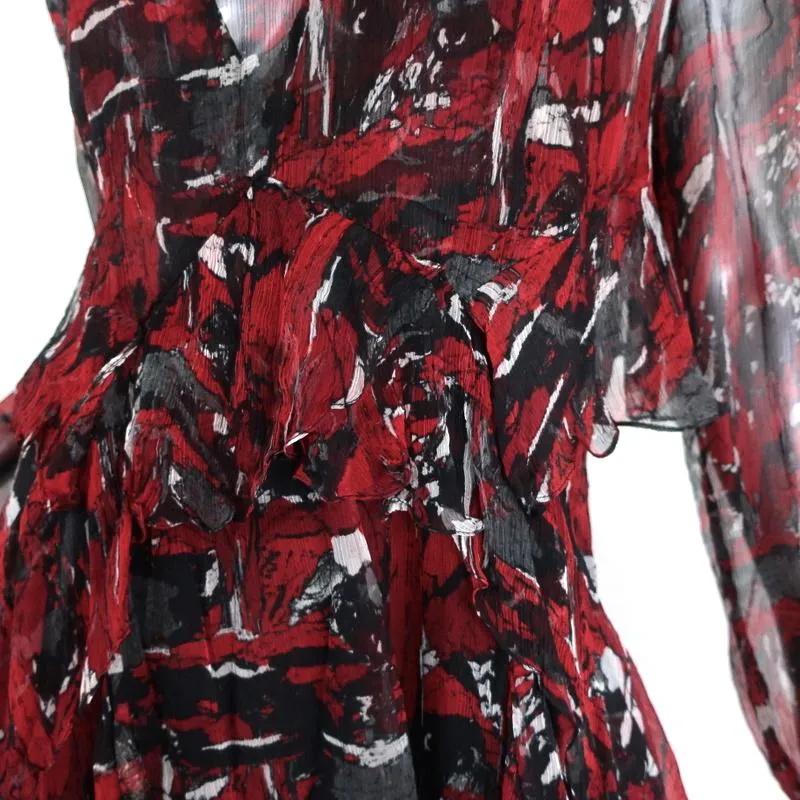 IRO Mini Dress Ressey Red/Black Ruffled Printed Chiffon Size 34 Long Sleeve