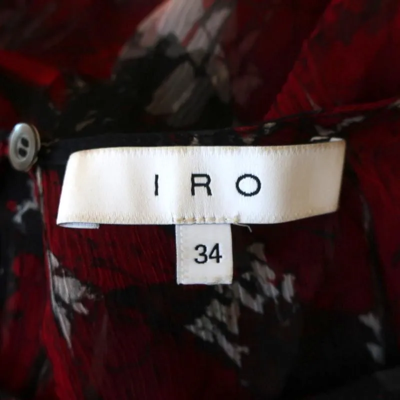 IRO Mini Dress Ressey Red/Black Ruffled Printed Chiffon Size 34 Long Sleeve