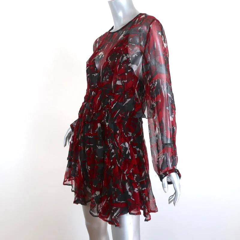 IRO Mini Dress Ressey Red/Black Ruffled Printed Chiffon Size 34 Long Sleeve