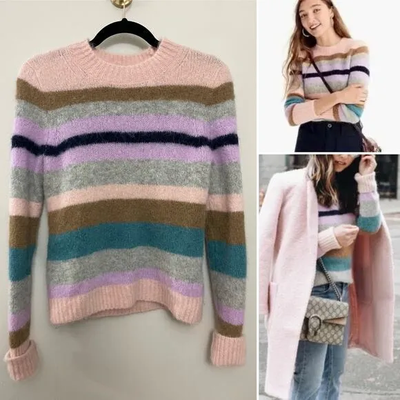 J. Crew Point Sur Striped Preppy Classic Alpaca Wool Pink Crew Neck Sweater S.