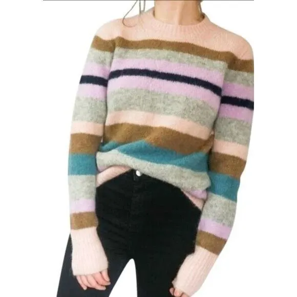 J. Crew Point Sur Striped Preppy Classic Alpaca Wool Pink Crew Neck Sweater S.