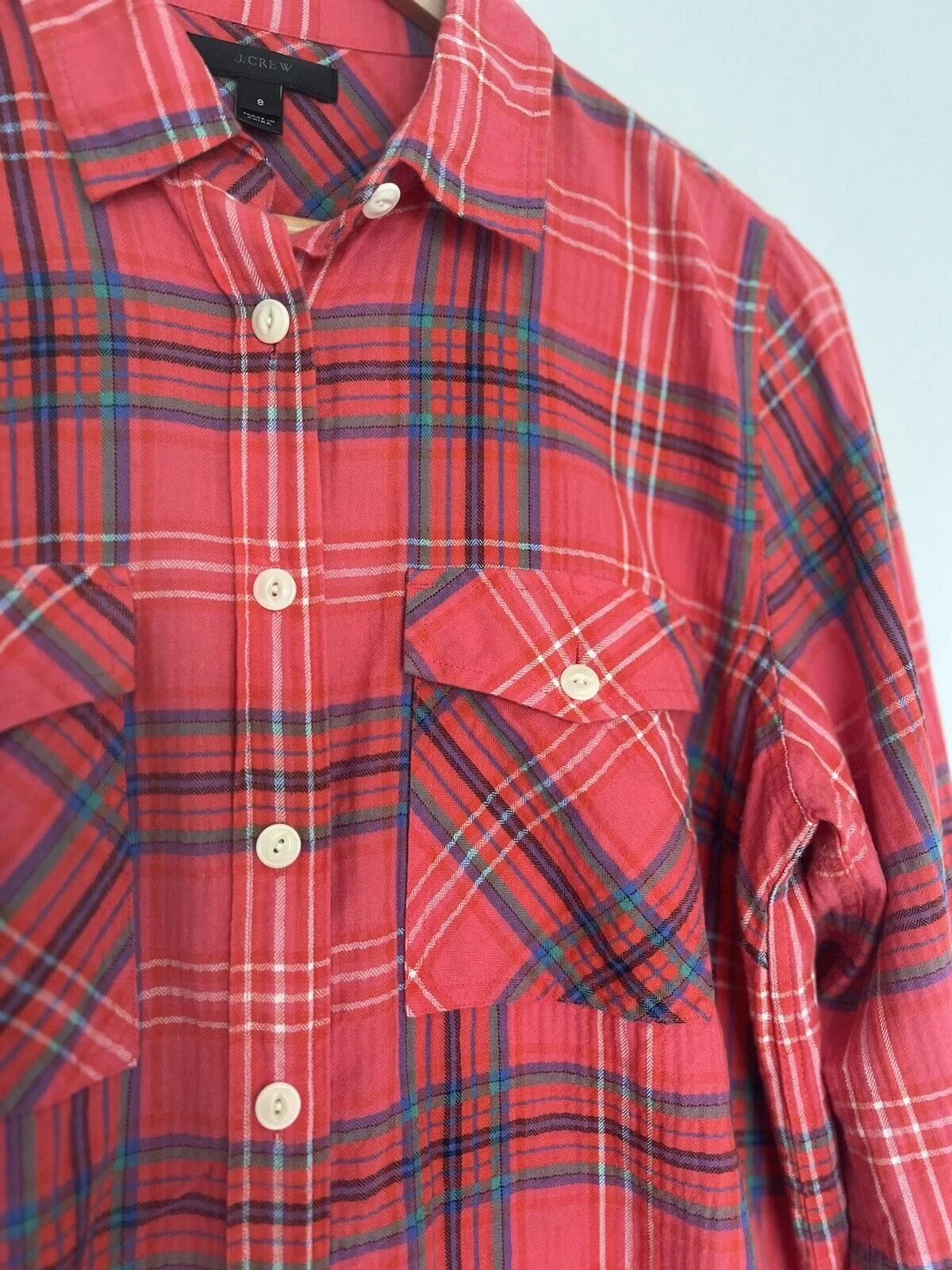 J CREW Red Plaid Shirt Sz 8 Botton Down Collared Long Sleeve Top Boho Western