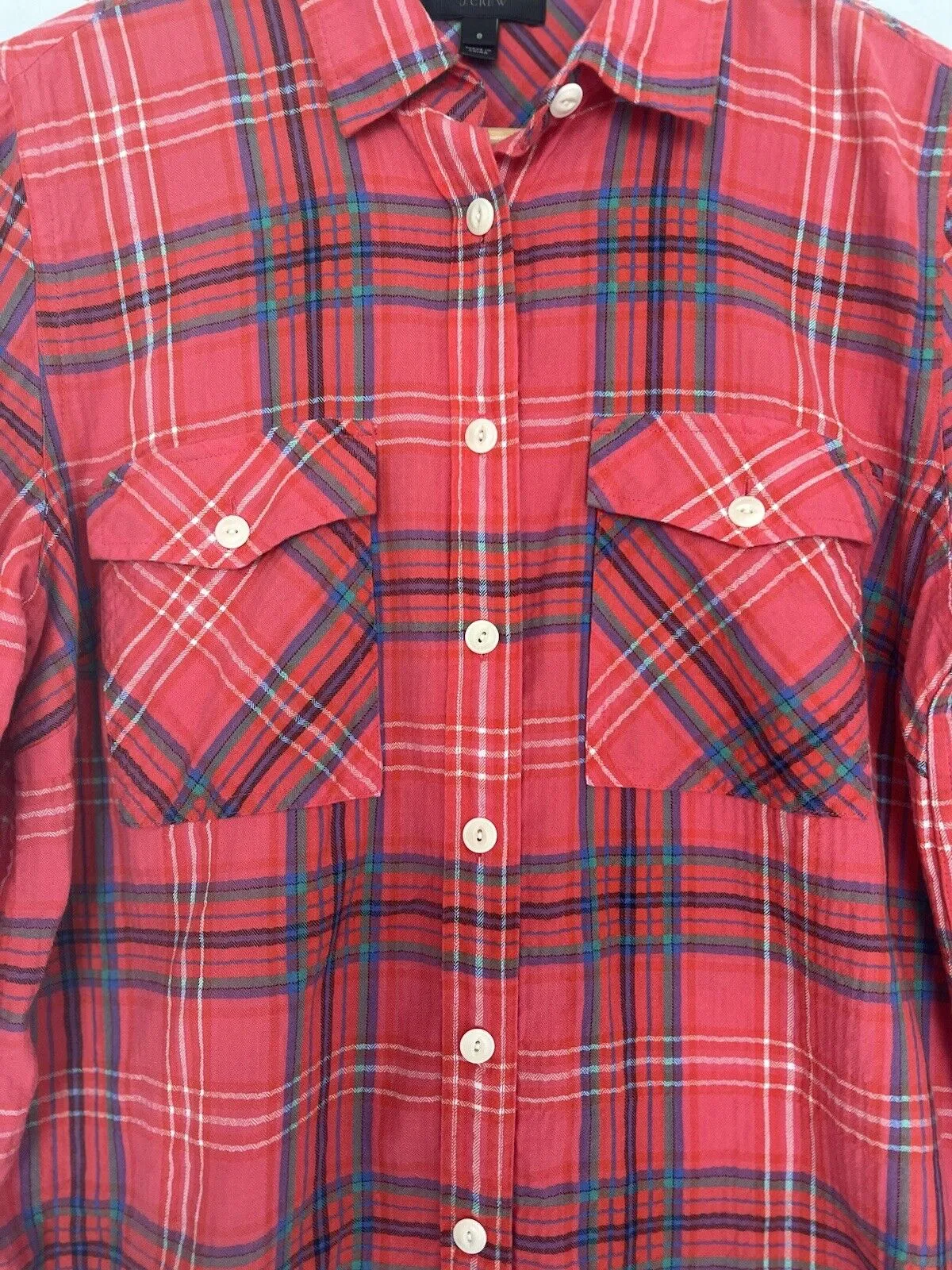 J CREW Red Plaid Shirt Sz 8 Botton Down Collared Long Sleeve Top Boho Western