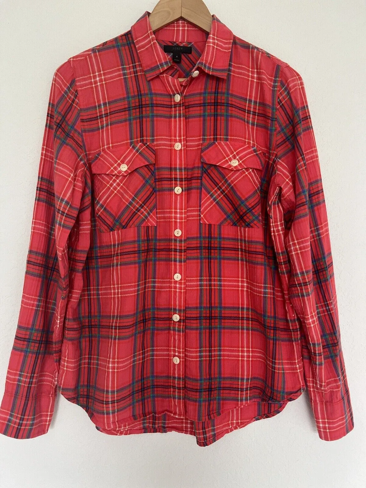J CREW Red Plaid Shirt Sz 8 Botton Down Collared Long Sleeve Top Boho Western