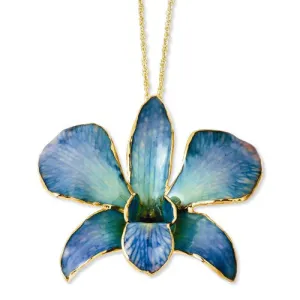 Lacquer Dipped 24k Gold Trimmed Blue/Purple Dendrobium Orchid 20" Necklace